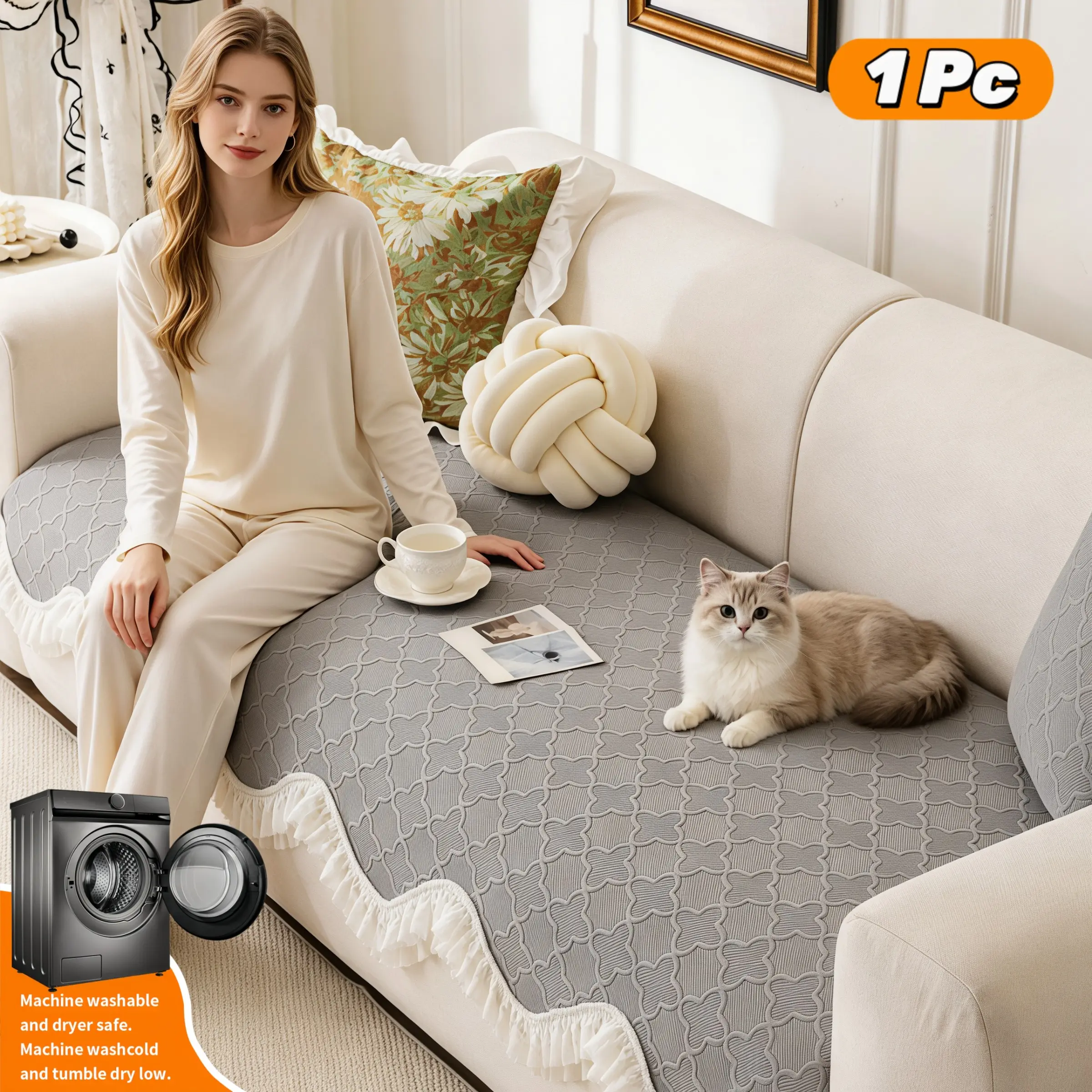 Non-Slip Space Cotton Sofa Pad, Classic Lace Trim, All-Season, Multiple Sizes, Pet-Friendly, Living Room Bedroom Office