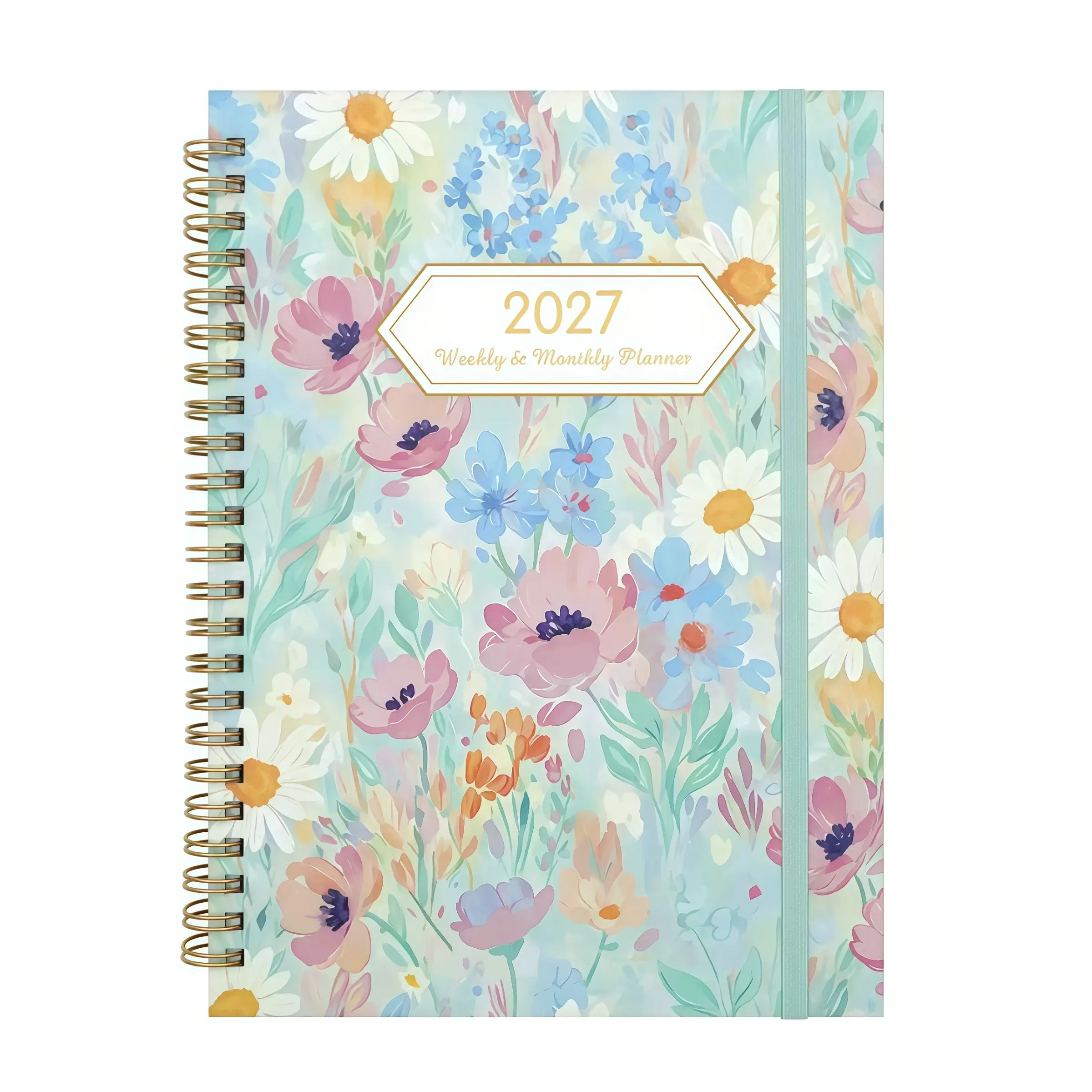 2027 Planner Weekly & Monthly, Pastel Floral Spiral Bound Agenda with Monthly Tabs, Elastic Closure & Inner Pocket, Watercolor Hardcover Calendar Organizer for Work School Home, 12 Month Planner Gift for Women & Students
