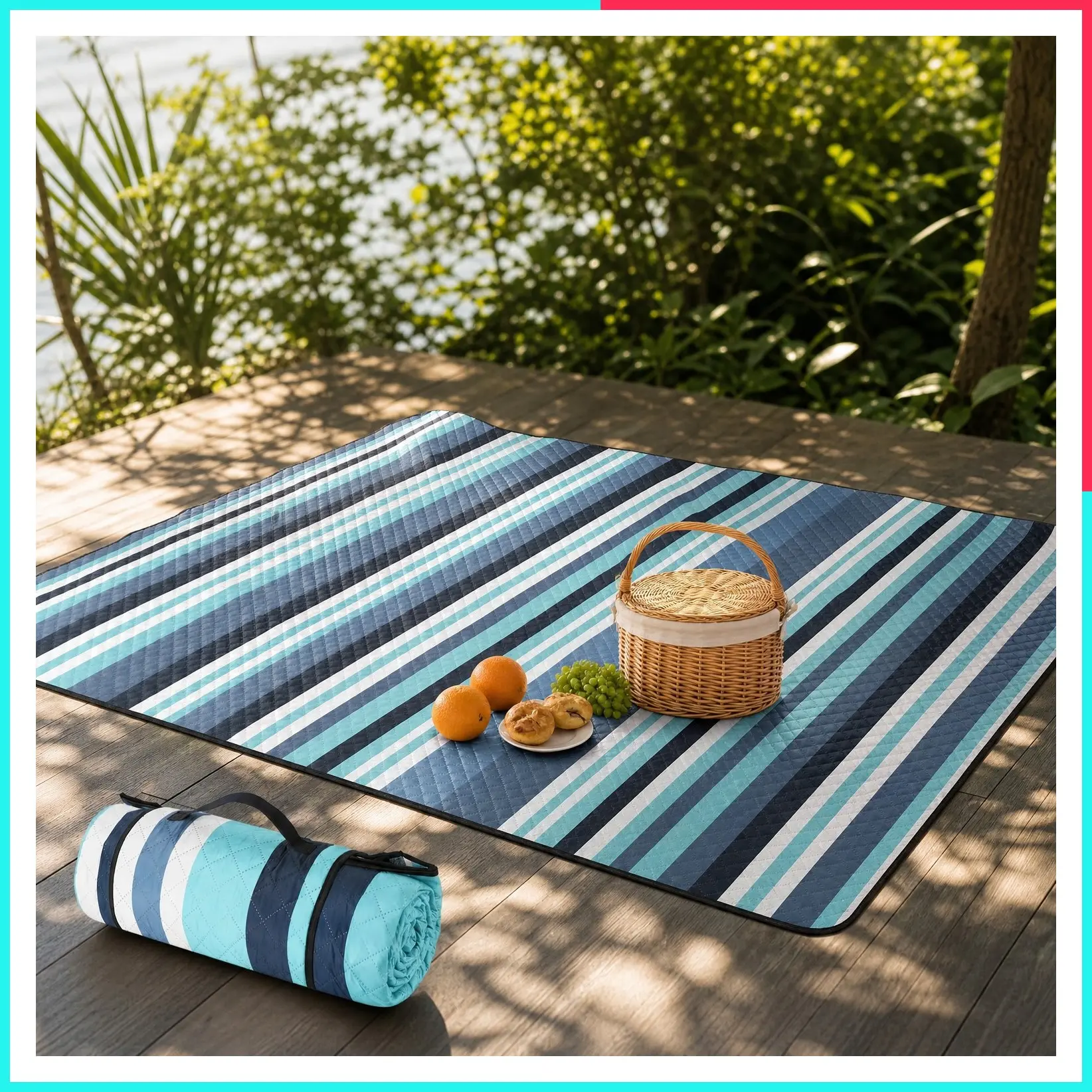 Extra Large 80''x80'' Picnic & Beach Blanket, 3-Layer Thick Sandproof Waterproof Machine Washable Foldable Oversized Outdoor Mat for Camping, Park, Travel, Grass (Blue White Stripe)