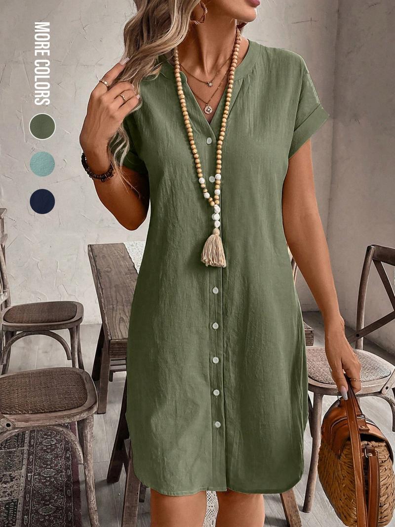 Women's Plain Notched Neck Batwing Sleeve Button Front Dress, Casual Short Sleeve Short Dress for Summer, Ladies Clothes for Daily Wear, Casual Everyday Wear
