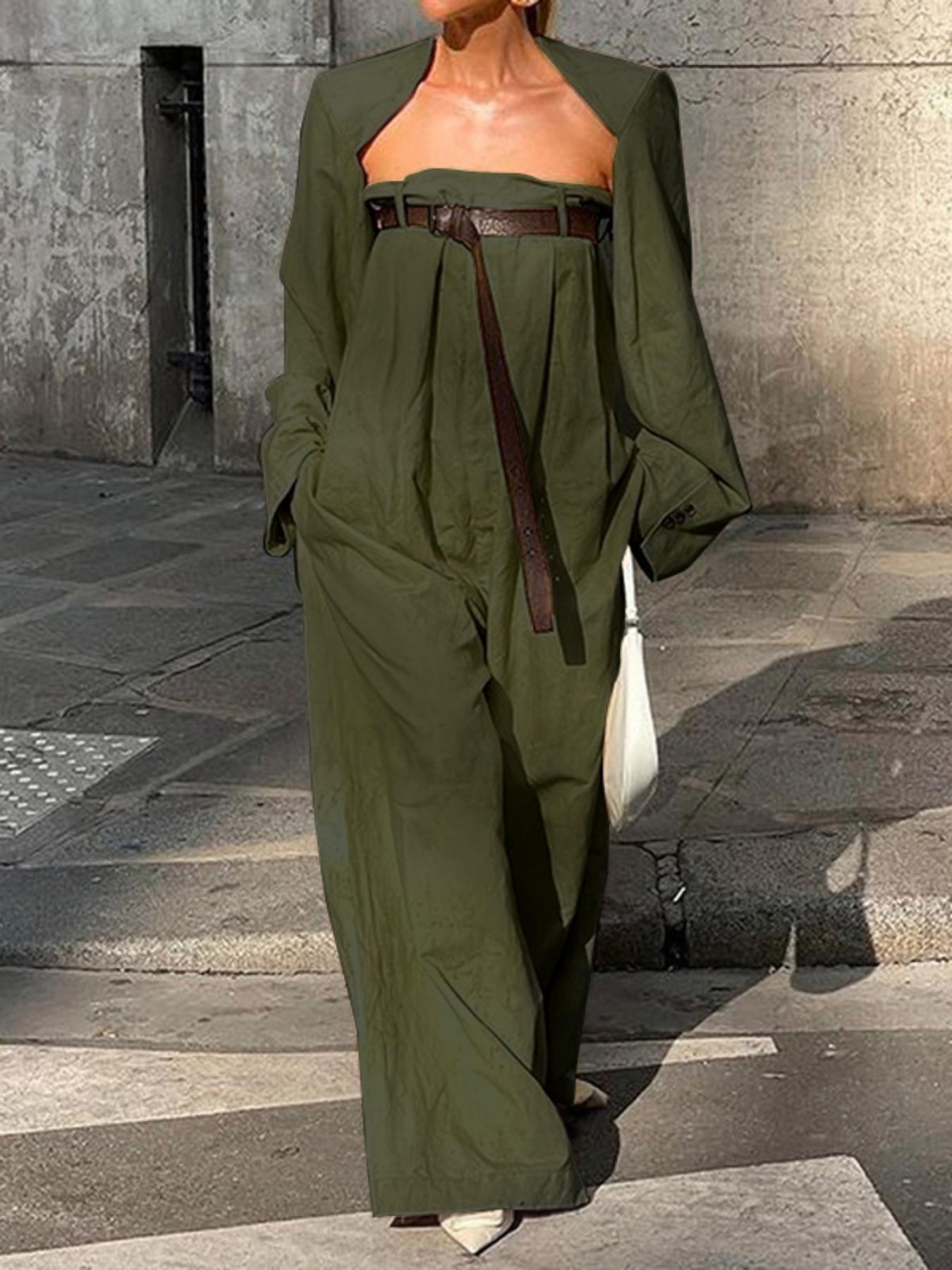 Women's Solid Fitted Coat & Jumpsuit with Belt Set, Casual Long Sleeve Coat & Jumpsuit, Ladies Clothes for All Seasons