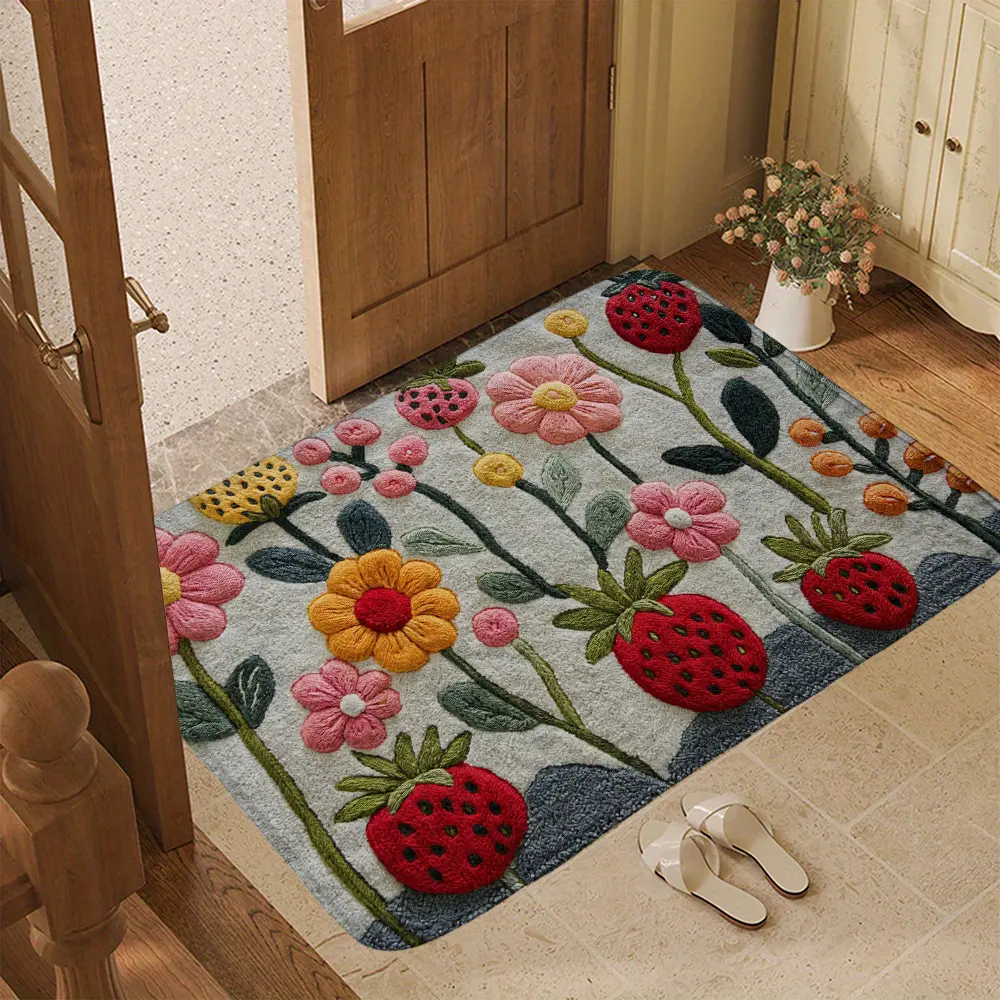 Cute Strawberry Floral Flannel Soft Plush Rug Carpet Anti-Slip Entrance Door Mat Inside, Sweet Garden Flower Berry Pattern Indoor Welcome Floor Mat for Home, Washable Absorbent Non-Slip Foot Pad Living Room Bedroom Bathroom Kitchen Aesthetic Mat