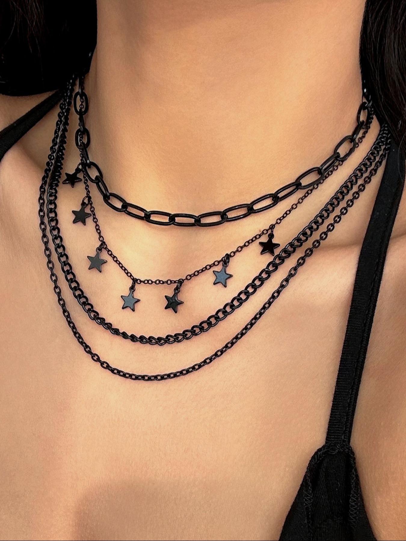 Women's Punk Style Heart Design Pendant Necklace & OT Buckle Chain Necklaces, 4 Counts Fashion Charm & Chain Necklaces, Gothic Mystery Jewelry, Trendy Goth Jewelry for Birthday Gift