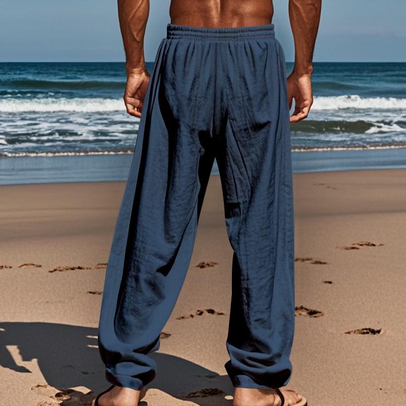Men's solid - color premium linen straight - leg pants, comfortable beach pants with pockets. They are loose - leg pants for men's daily summer wear, featuring loose wide - leg design, light - colored washed finish and a loose fit, Casual Comfy Pants