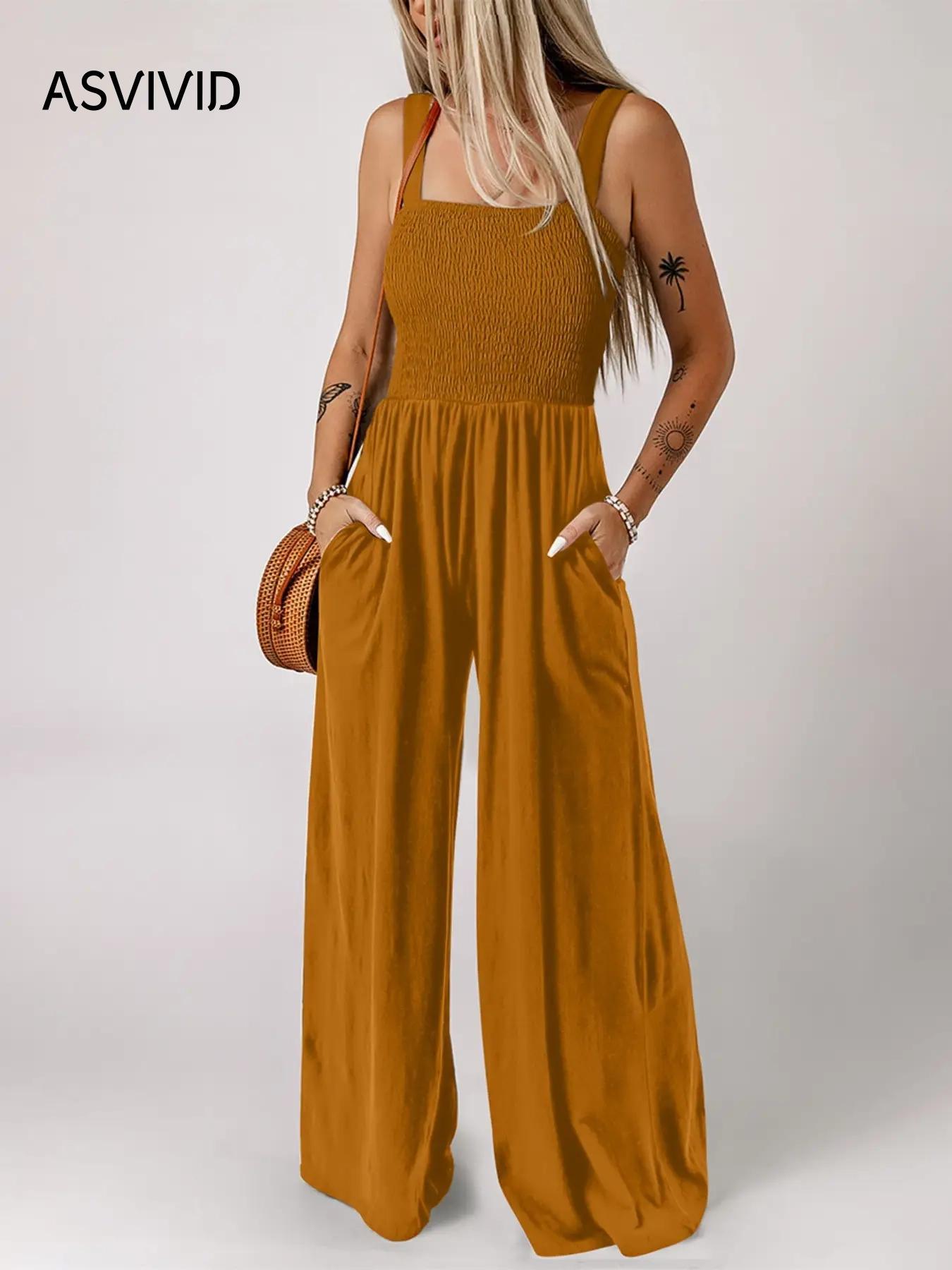 Women's Summer Plain Backless Shirred Wide Leg Cami Jumpsuit, Summer Clothes Women, Convenience Casual Pocket Square Neck High Waist Overall Jumpsuit, Ladies Clothes for Daily Wear