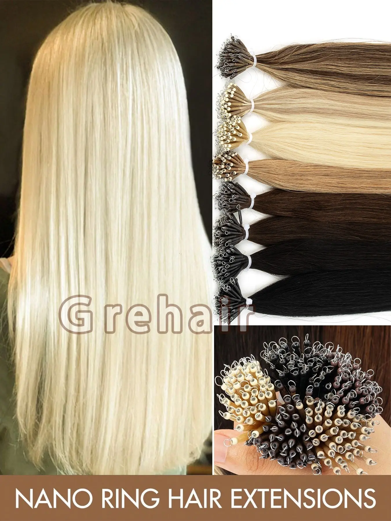 50pcs Micro Bead Human Hair Extensions, Nano Ring Bead Human Hair Extensions Cold Fusion No Heat Reusable Mixed Dip Dye, Steel Wire Ringed Hair Pieces Can Be Style Reusable Strands, Microbead Hair Extensions