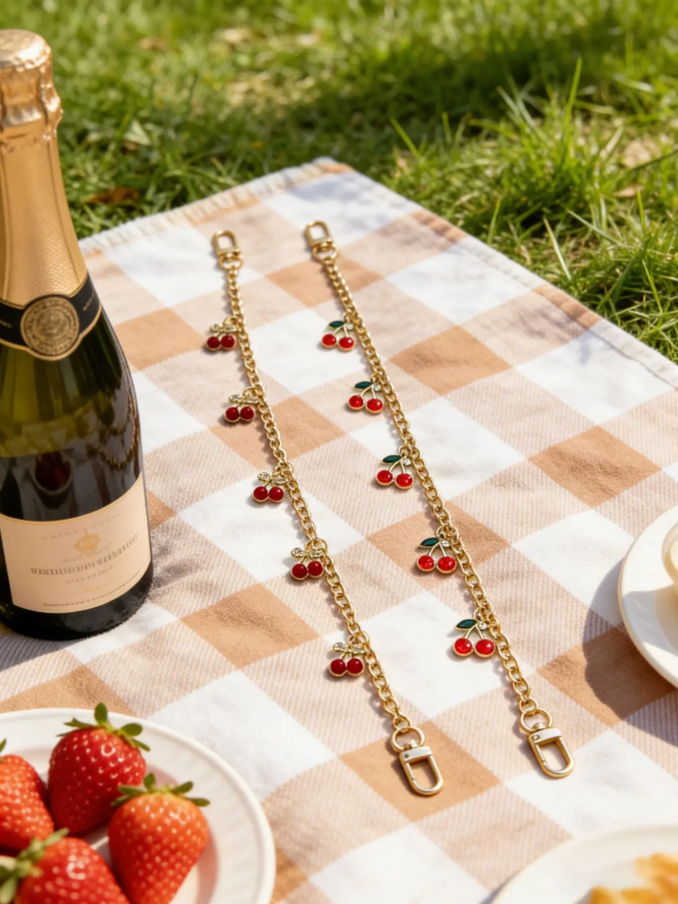 Sweet Cherry Oil Metal Chain Bag Strap, Dual Lobster Clasp Extended Shoulder Strap, Vintage Fruit Rhinestone Crossbody Bag Accessory
