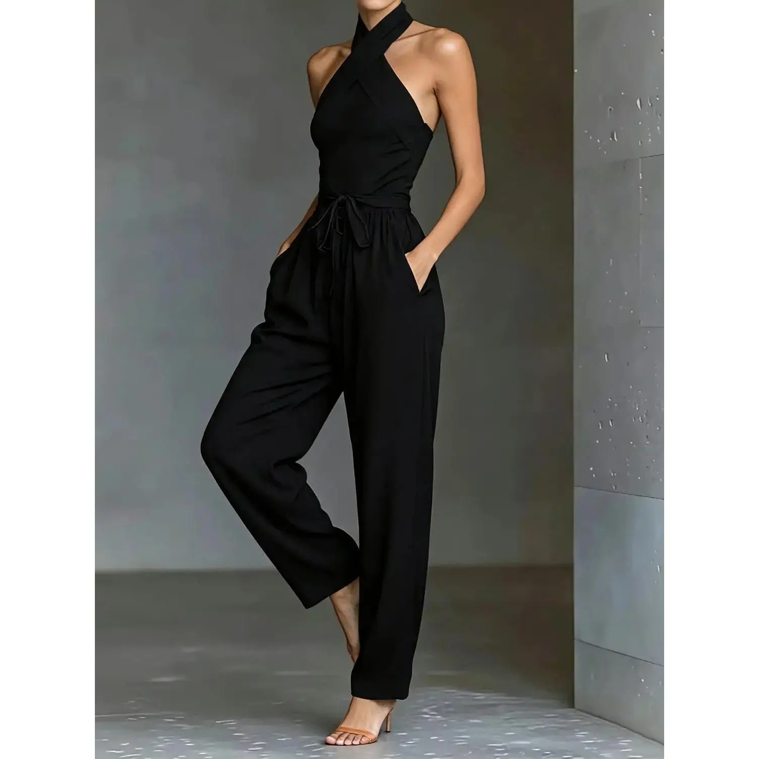 Women's Minimal Quiet Luxury Halter Wrap Jumpsuit - Adjustable Belted Waist, Hidden Side Pockets, Flowy Wide Leg, Everyday Casual Resort Sports 1-Piece Outfit Womenswear Overalls