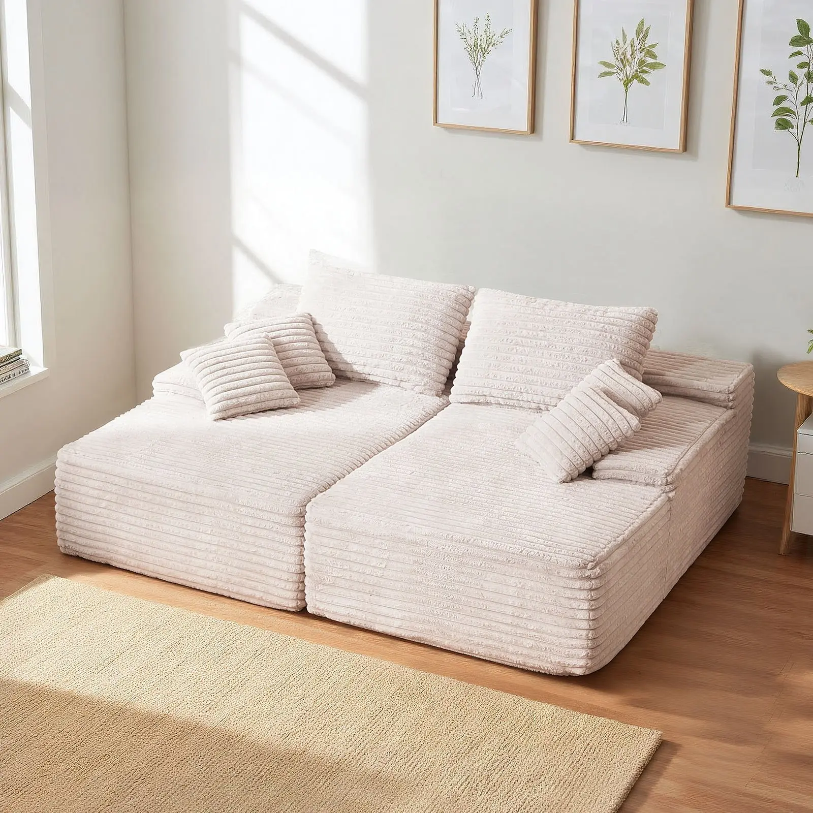 82.7-Inch Oversized Double Chaise Lounge, Corduroy Fabric Sectional Sofa, Cozy Deep Seat Loveseat Sofa with Soft Cushions and Throw Pillows for Living Room Bedroom, No Assembly Required, Beige