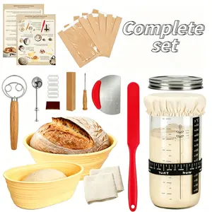 Complete Sourdough Starter Kit, Sourdough Bread Baking Supplies, Banneton Bread Proofing Basket with Sourdough Starter Jar, 9inch Round & 10" Oval Proofing Bread Proofing Basket, for Bread Baking