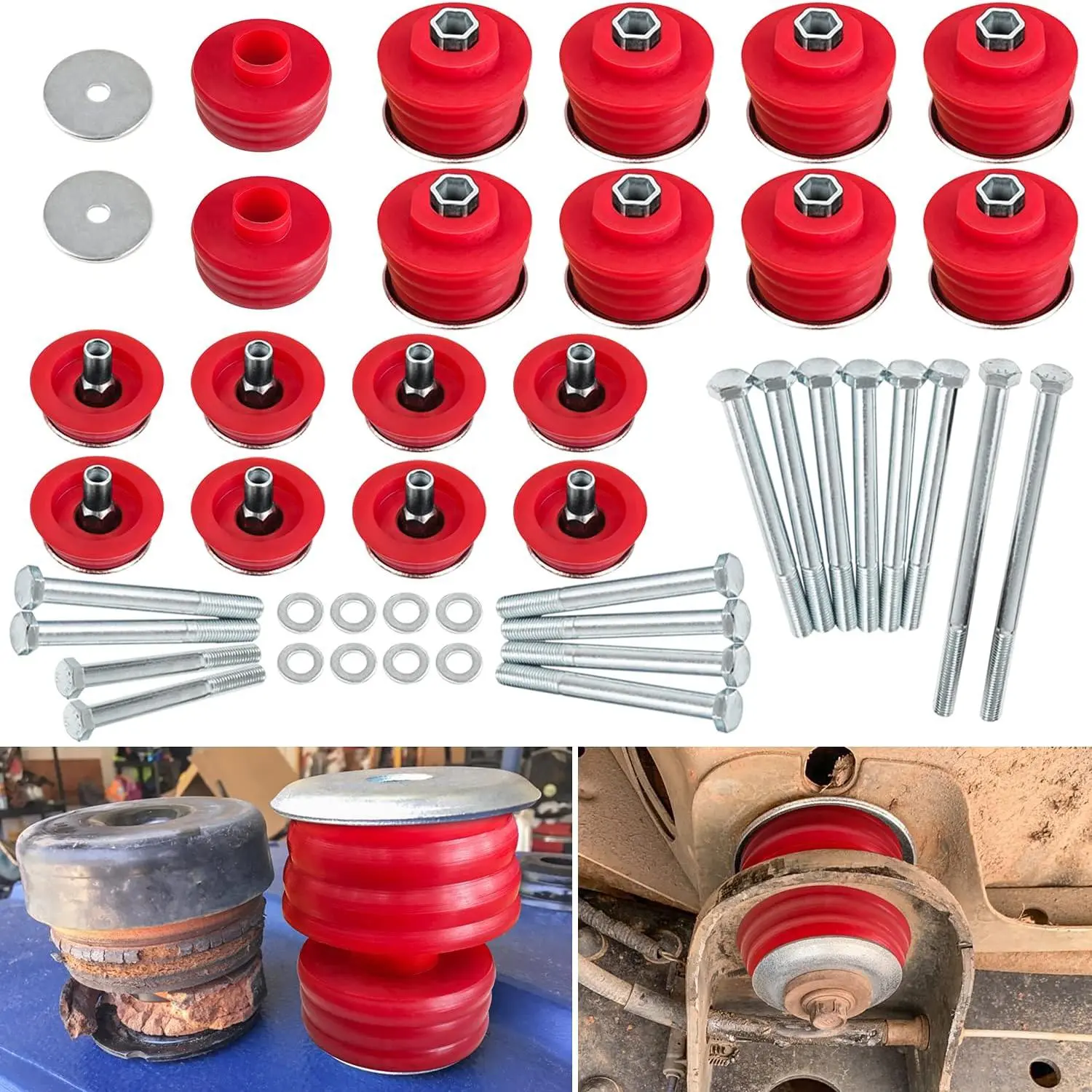 Body Mount Bushing Kit, suitable for Ford F250 F350 Super Duty 2008-2016 2WD 4WD models, includes polyurethane cab mounts, steel sleeves and accessories (red)
