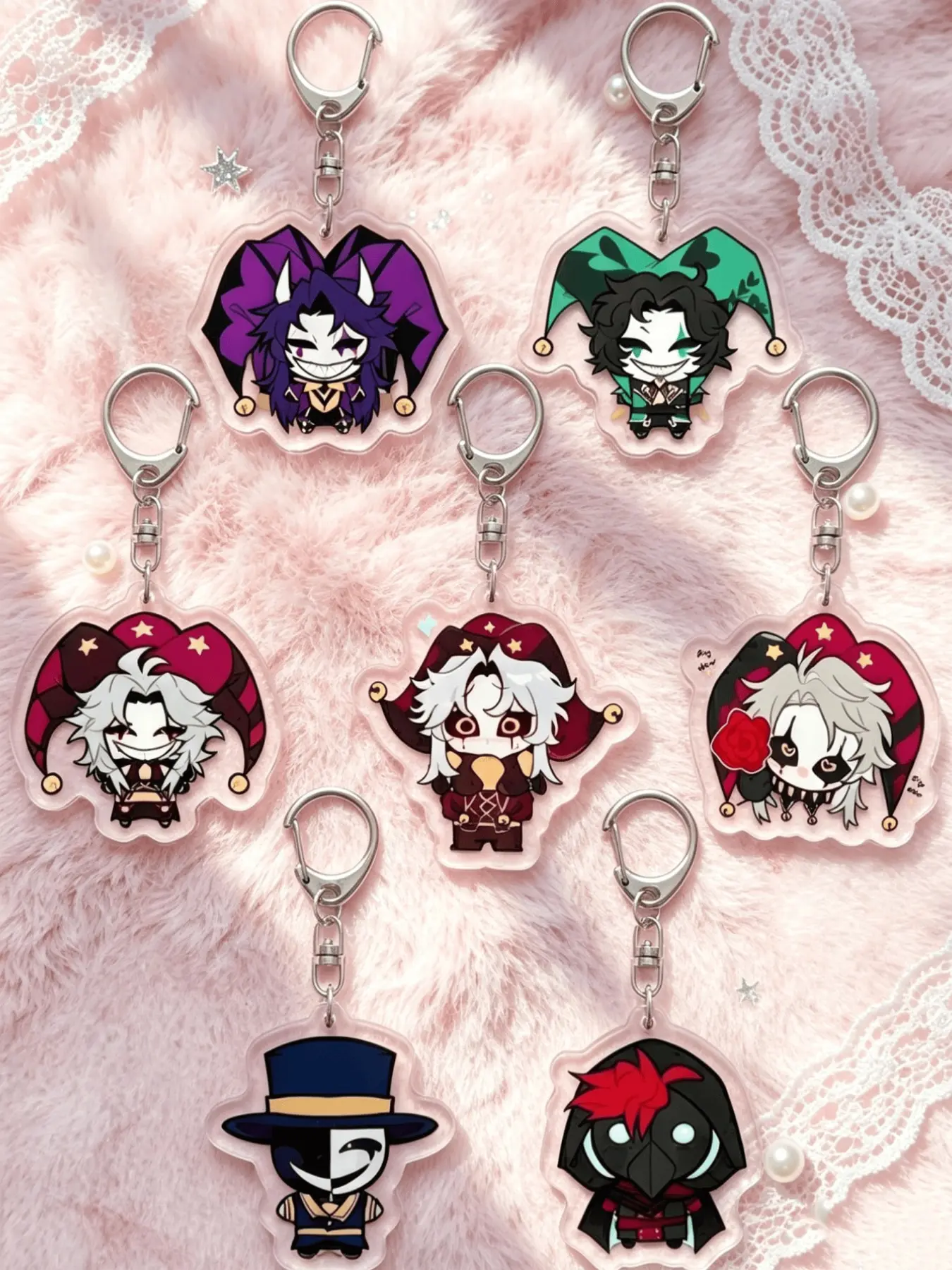 Freak Circus Acrylic Keychain, Cute Cartoon Characters, Jester, Harlequin, Pierrot, Ticket Taker, Plague Doctor, Dark Fantasy Gift