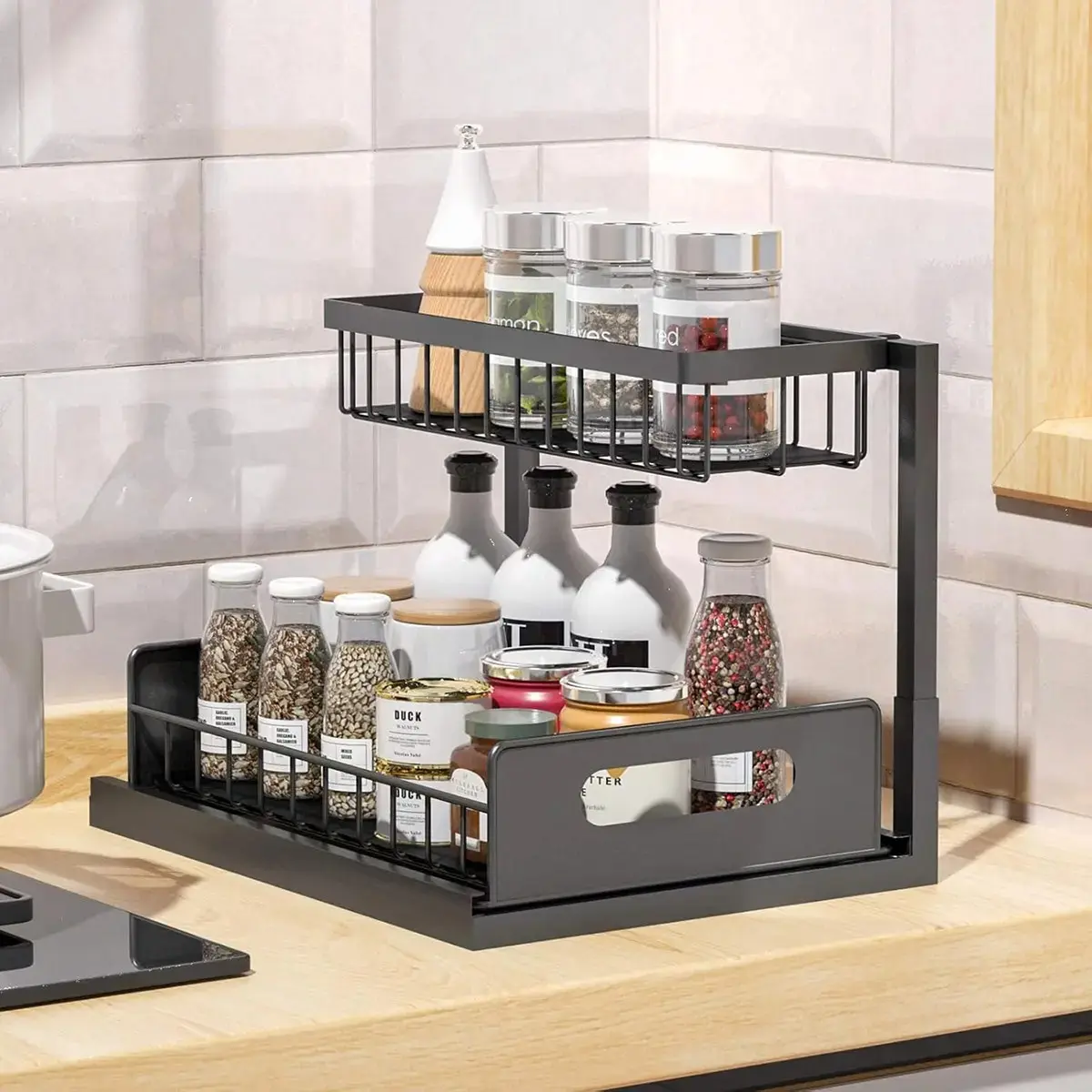 Under Sink Organizer 2 Tier Pull Out Cabinet Shelf｜Carbon Steel Drawer Organizer for Home Storage (White)｜Sliding Cabinet Storage Rack for Kitchen Bathroom Sink Cabinet Bathroom Organizers