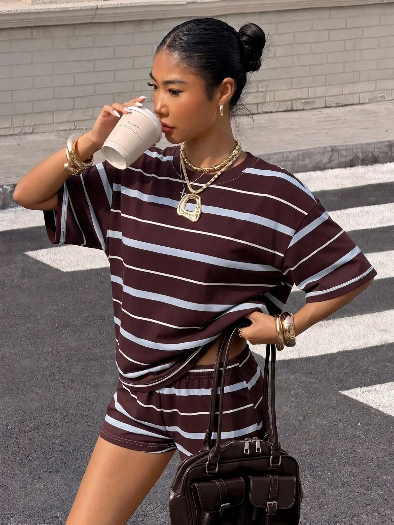 Casual Striped Round Neck Loose Fit Home Suit, All-Seasons Comfortable Clothing, Plain Surface Unlined Design, Ideal for Daily Wear