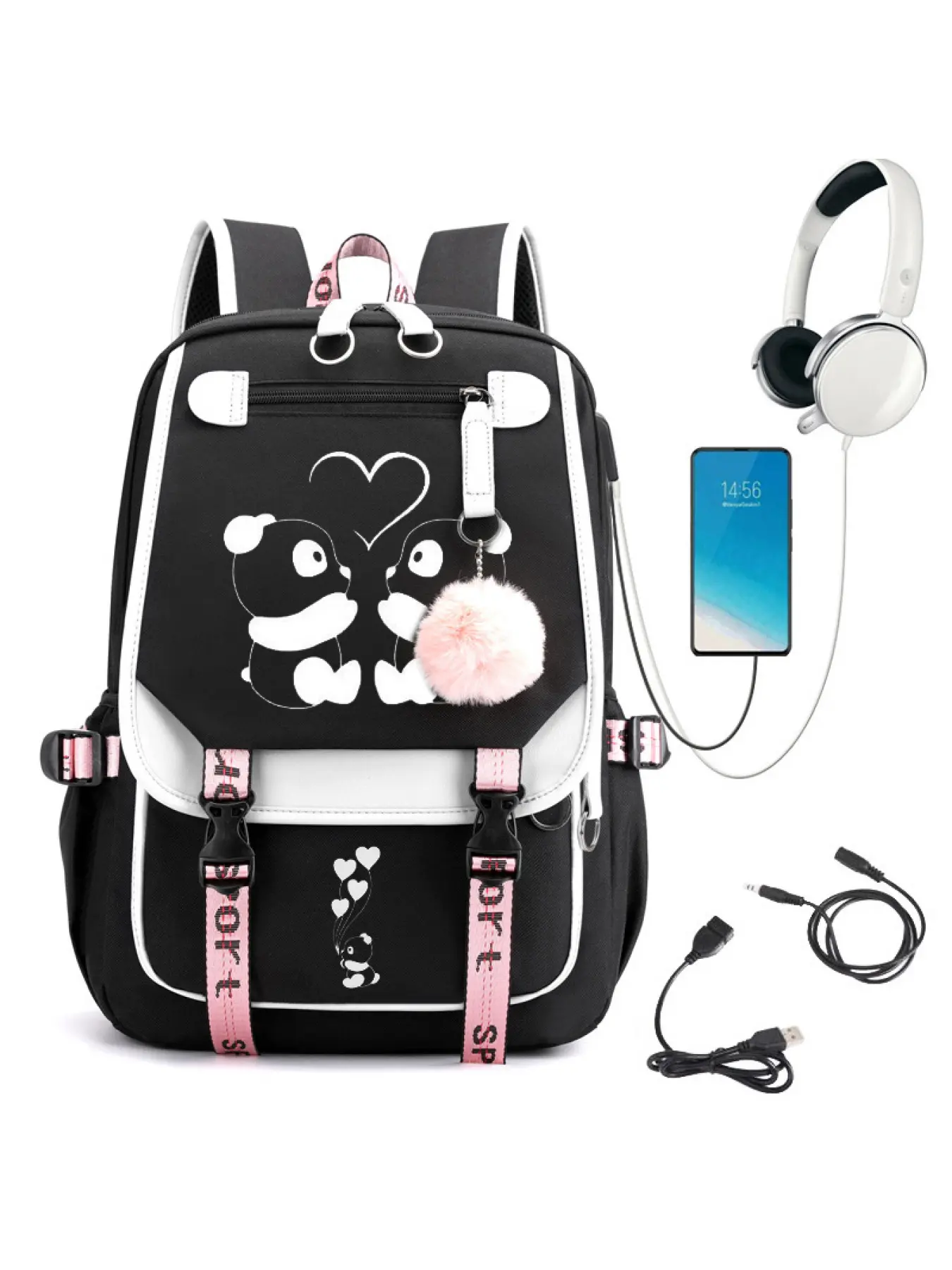 Kawaii Couple Panda Heart Print Backpack for Teen Girls, Casual College Backpack, Cute Panda School Bookbag with USB Charging Port, Pink Fluffy Pom Pom Charm Lightweight Casual Student Backpack Back to School