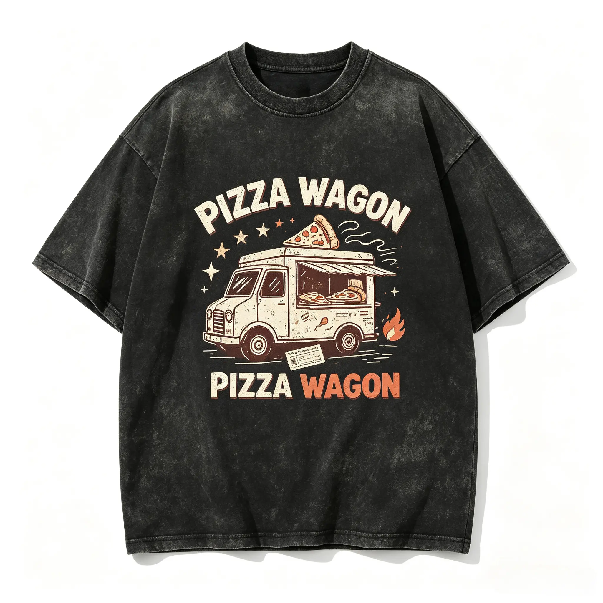 Oversized Comfort Pizza Wagon Food Truck Pizza Slice Graphic T‑Shirt,Fashion Cute Washed Cotton Outfit,Valentine Foodie Gift,Best Holiday Present For Family Friends