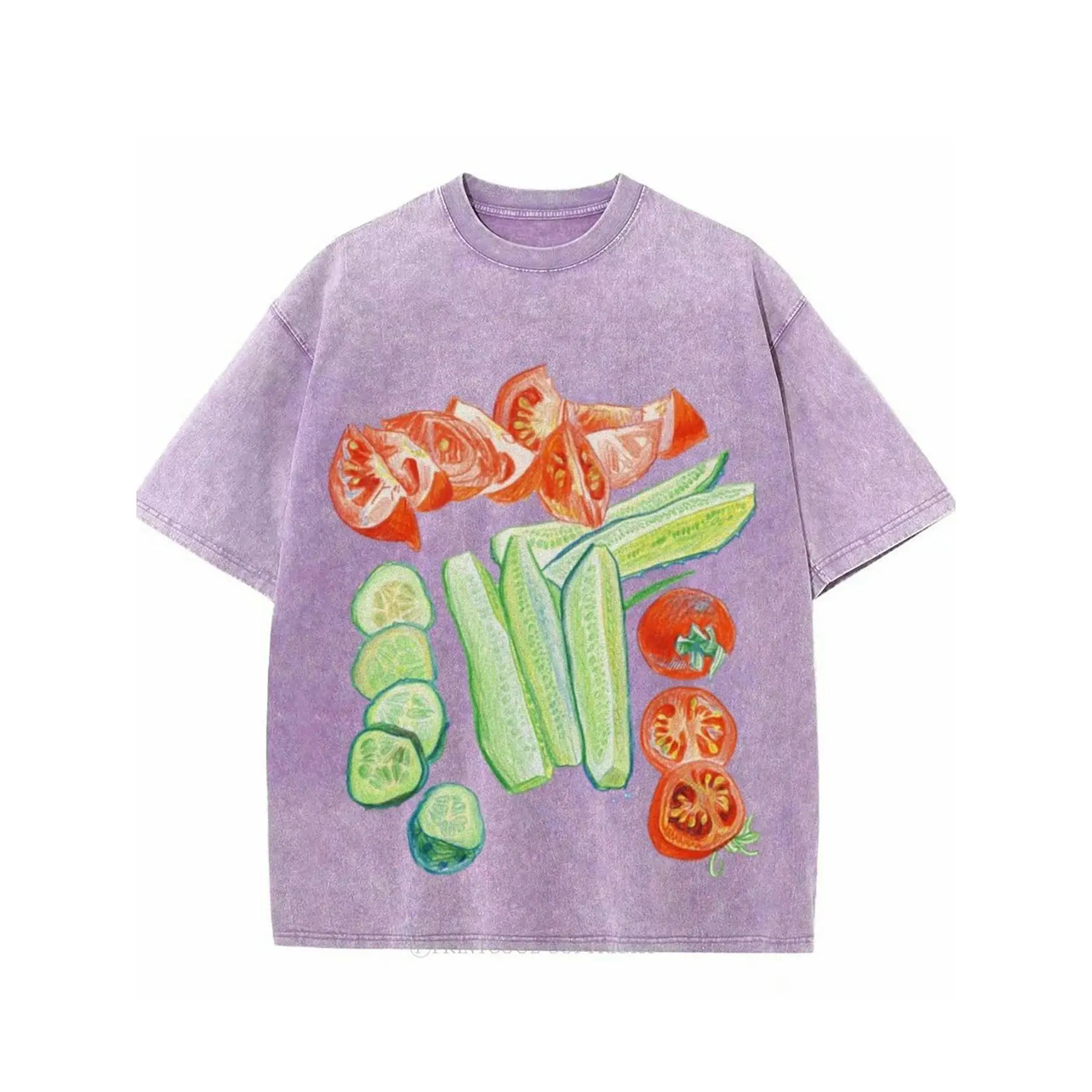 Unisex 230G Pure Cotton Batik T-Shirt - Menswear Tops, Fresh Vegetable-Themed Party Fresh Print, Washed, High-Quality, Regular Cut, Machine Wash, Retro Fashion, Ideal for Daily Wear, Holiday Gift Choice, Round Neck