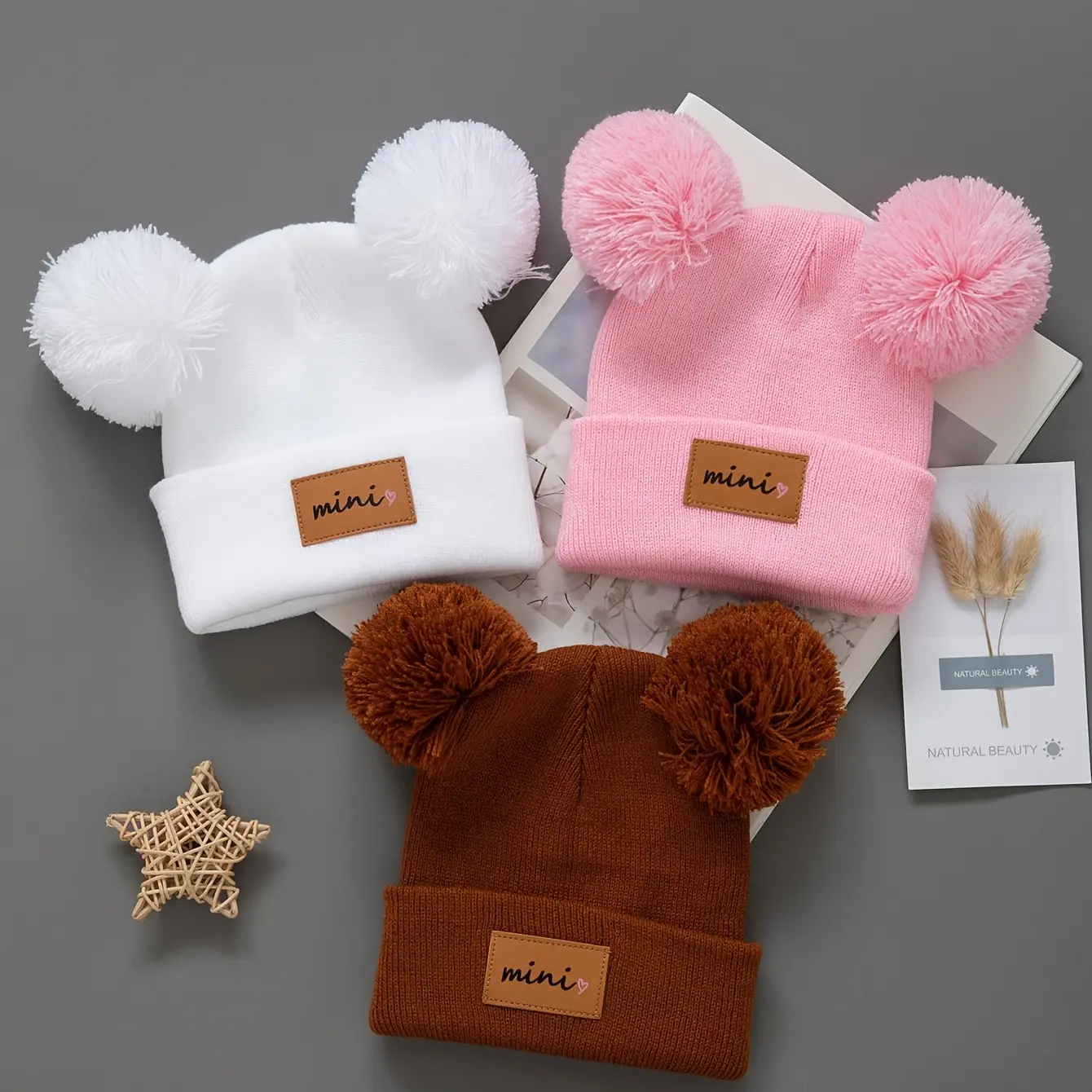 Kids' Warm Knitted Winter Hats (3pcs) - Double Pom-Poms, Solid Colors, Newborn Fit, Prop 65 Safe, Cute Toddler Bonnets for Boys & Girls