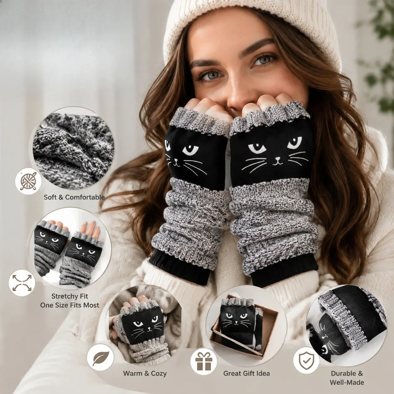Cute Knitted Fingerless Gloves/Arm Warmers — Soft and warm half-finger gloves; suitable for women and girls for daily wear, outdoor activities, and typing.