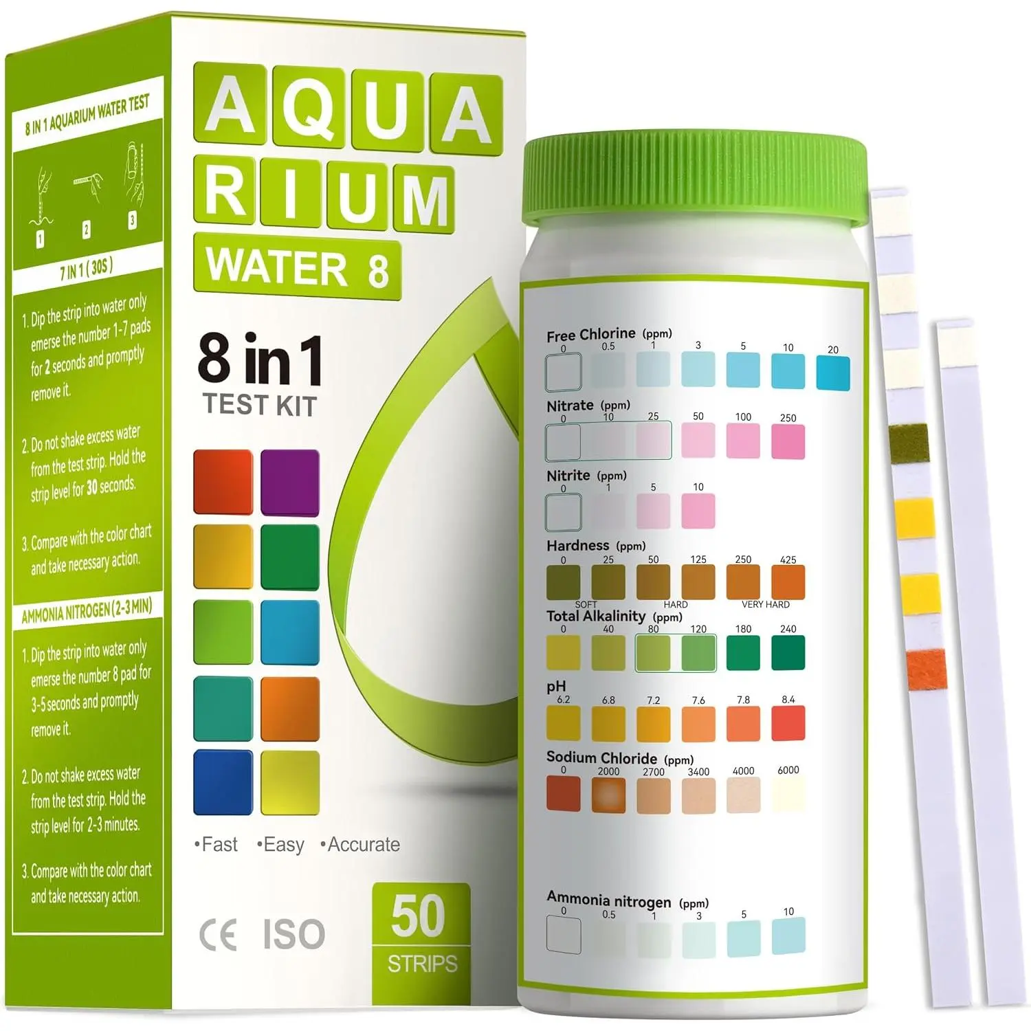 8-in-1 Aquarium Test Kit for Fish Tanks - Quick & Accurate Water Testing Strips for Aquariums & Ponds. Tests pH, Ammonia, Alkalinity, Hardness, Chlorine, etc. (K02-50)