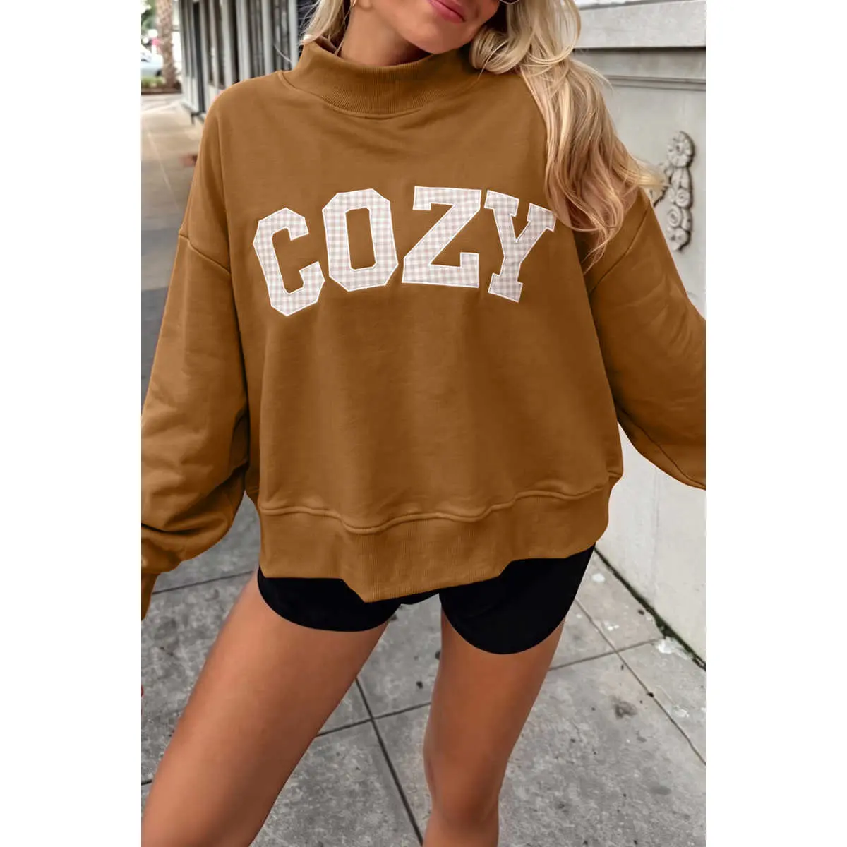 Chestnu COZY Embroidered Long Sleeve Stand Neck Shift Pullover Sweatshirt