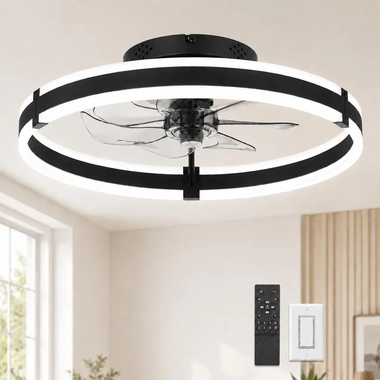 20" Ceiling Fans with Lights and Remote Black Metal Acrylic | Low Profile Flush Mount Fan Light, 3000-6000K Dimmable LED Fandelier, 6 Speeds Reversible DC Motor for Bedroom Kitchen