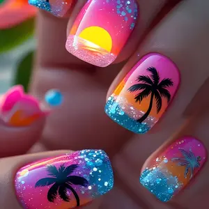 24pcs Short Square Press On Nails For Women Girls Sunset Ombre Black Coconut Palm Tree Yellow Sun Chunky Glitter Tropical Aesthetic Fake Nails Summer Beach Vacation