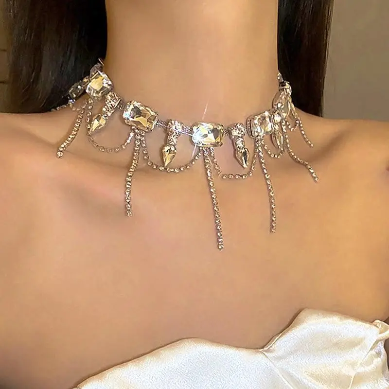 Silver Sparkly Rhinestone Tassel Choker Necklace Prom Chain Jewelry for Women
