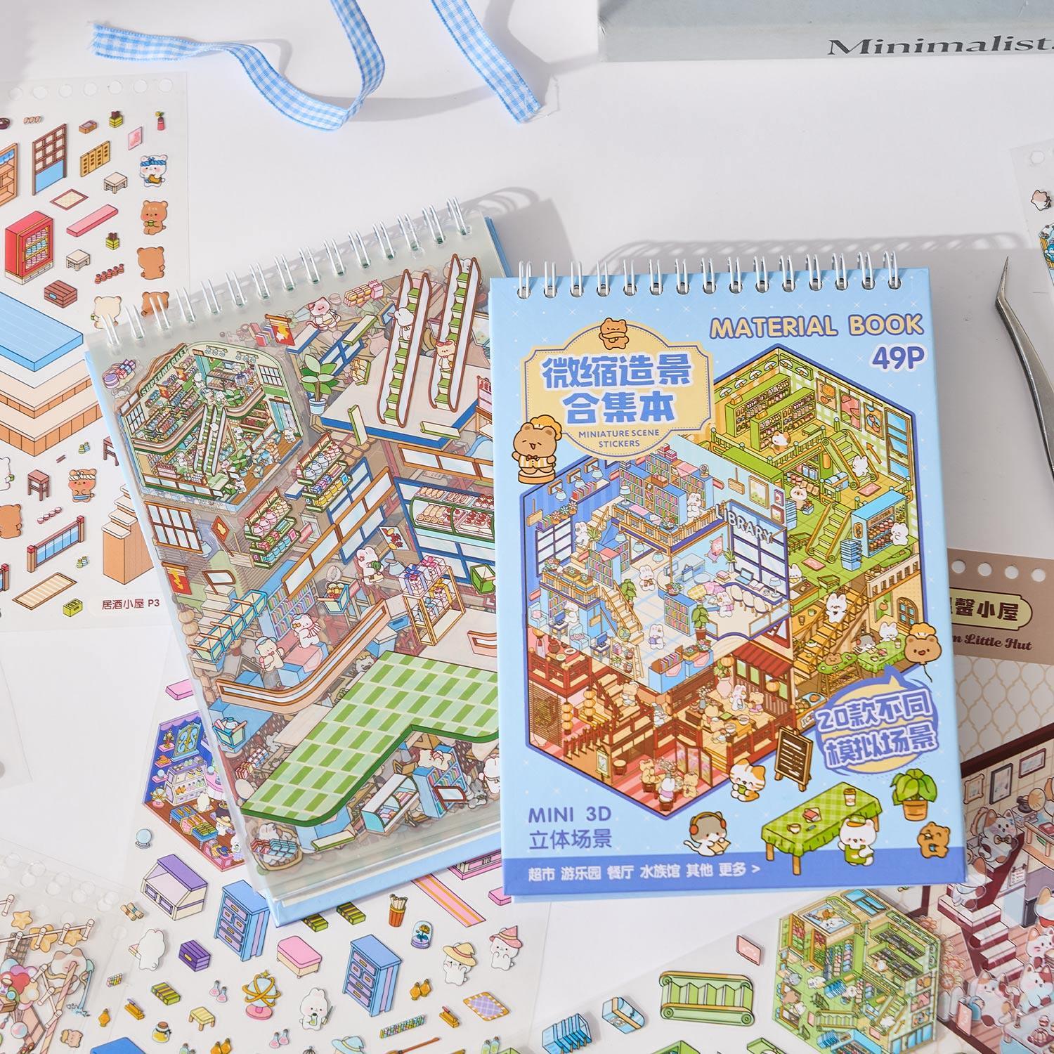 Miniature Business Town Scene Sticker Book, 49pcs/set DIY Decorative Sticker Book, Scrapbooking & Journal Making Material Paper, Birthday Gift