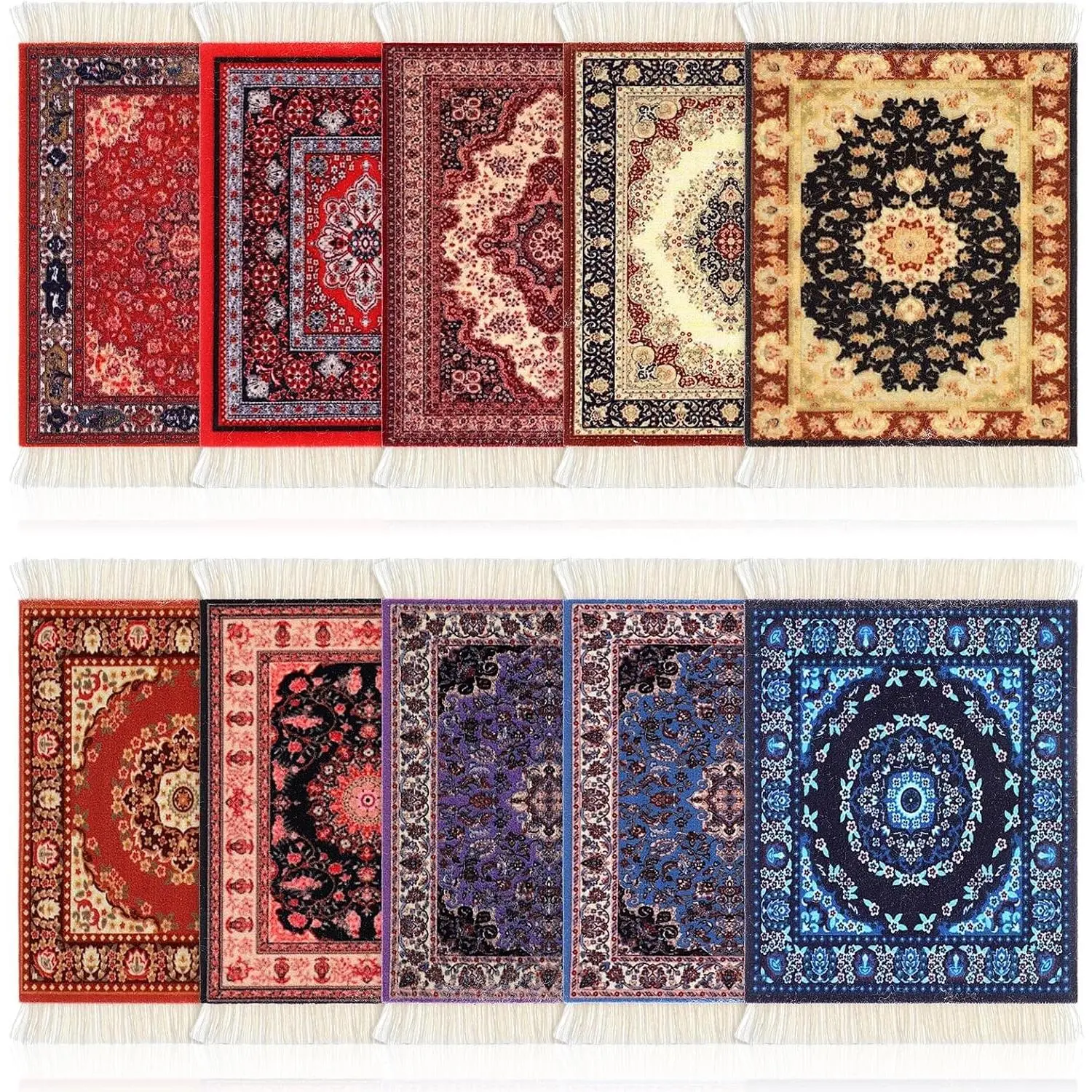 Rug Style Coasters Set of 10, Retro Coffee Mat with Fringe, Non-Slip Backing, Moroccan Turkish Fabric Mini Holder for Home Room Accessories, Kitchen Gifts