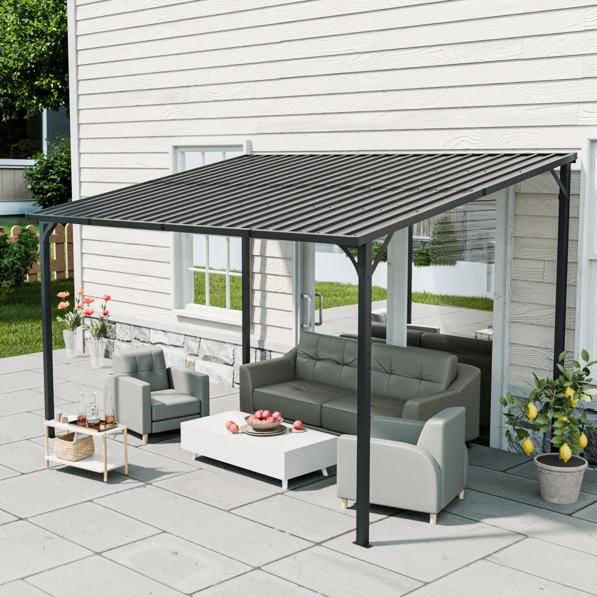 Outdoor Pergola, 12' x 8' Outdoor Pergola for Patio, Large 8x12 Galvanized Steel Lean to Wall-Mounted Pergolas  for outdoor barbecues and family gatherings