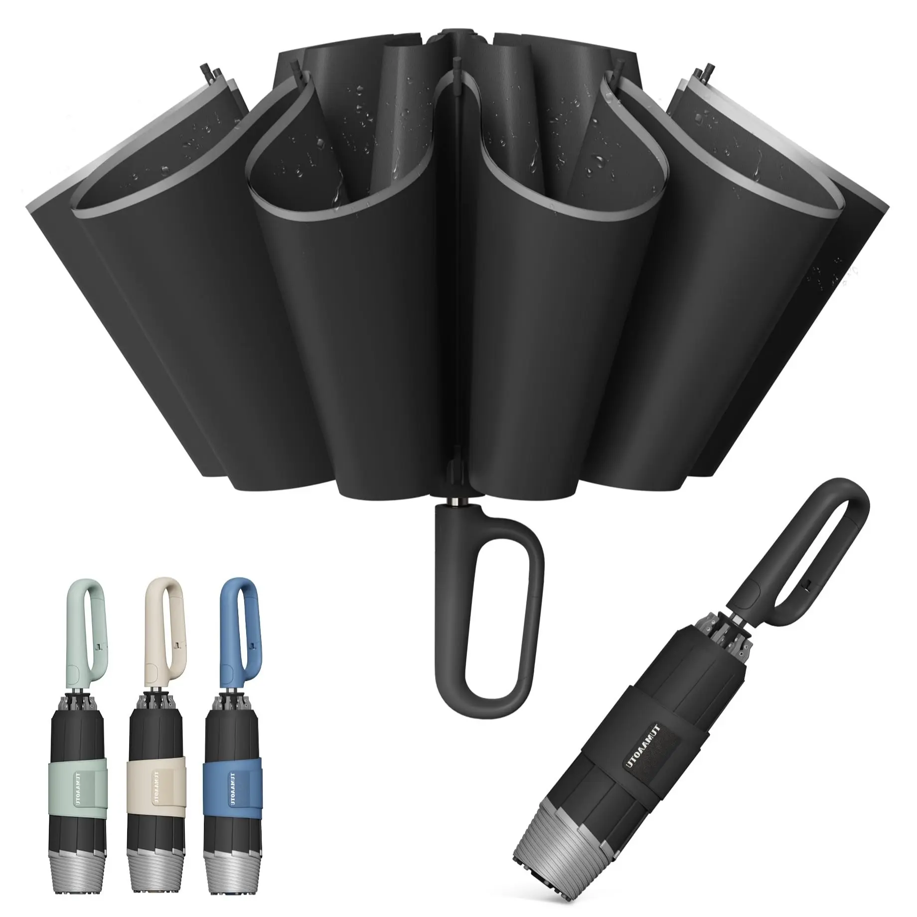 Qwb Inverted Umbrella with Carabiner Handle, Compact Wind Proof Umbrella, Portable Reverse Folding, Rain and Sun Protection, 10 Ribs