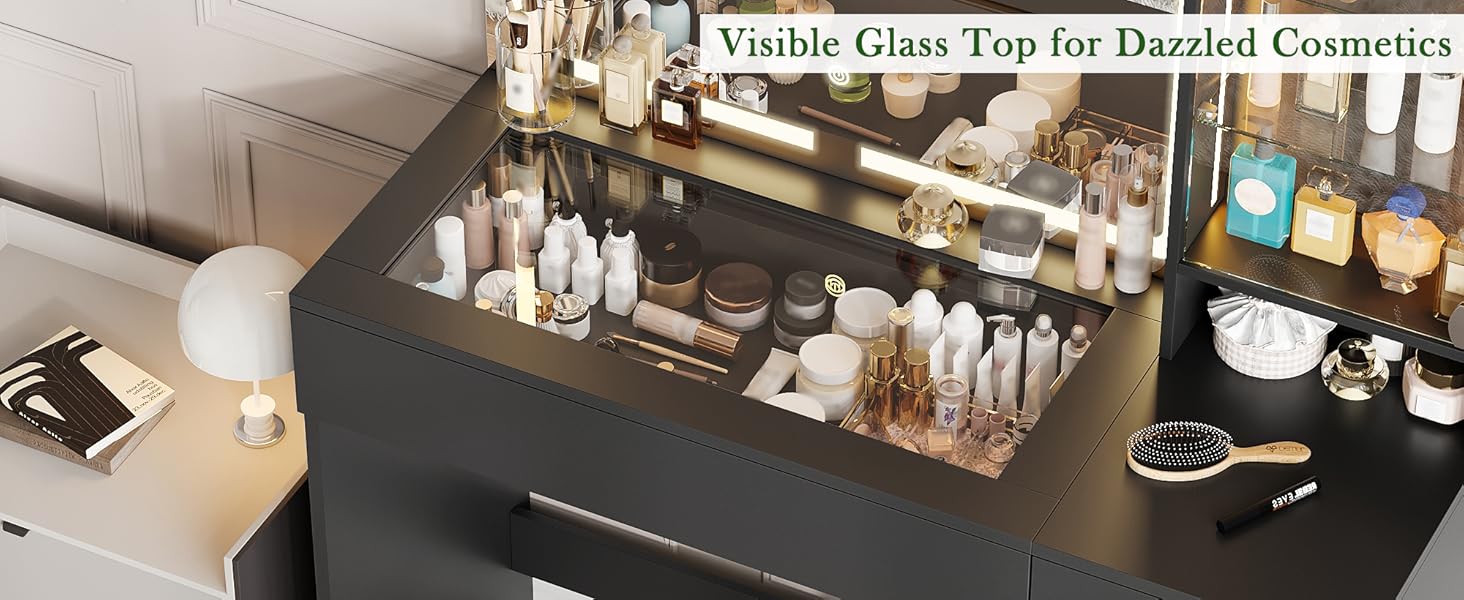 wanan 41" Vanity Desk with Glass Top, Black Vanity with Mirror and Lights, Power Outlet, Jewelry Storage, 3 Adjustable Lighting Modes, Makeup Vanity with 2 Drawers for Bedroom