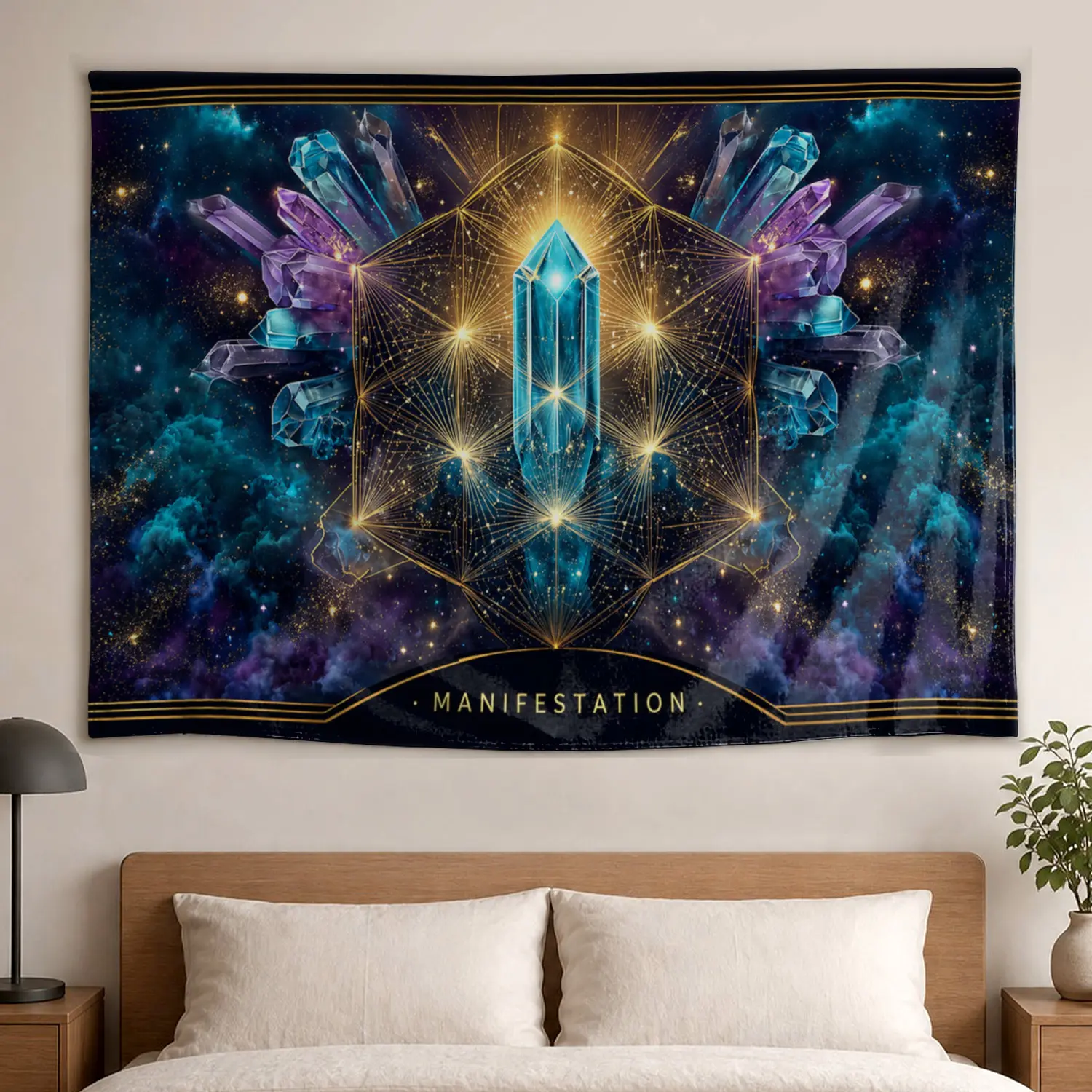 Large Horizontal Blue Crystal Galaxy Cosmic Geometric Manifestation Wall Tapestry - Polyester Printed Artwork Panel Tapestries, No-Installation Home Decoration, Holiday Room Decor Wall Hanging for Living Room, Gift for Loved Ones, Wall Decor, Dining Room