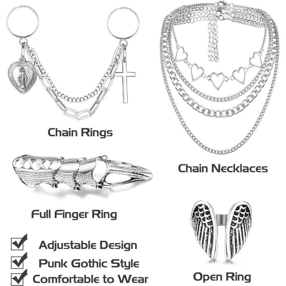FLORIDECO 19PCS Punk Chain Rings & Layered Chain Necklace Set for Women Men Cool Goth Vintage Stackable Open Finger Rings Statement Pendant Choker Necklace Emo Y2K Jewelry Daily