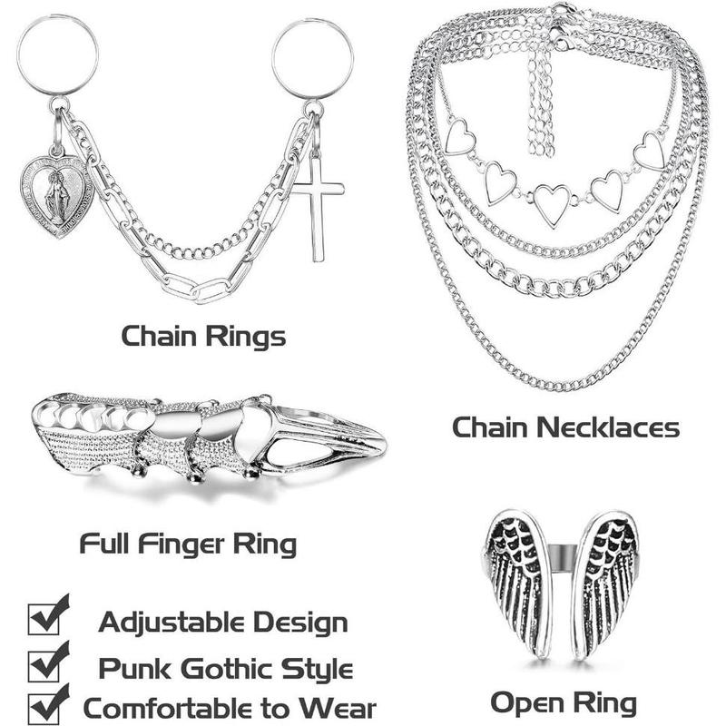 FLORIDECO 19PCS Punk Chain Rings & Layered Chain Necklace Set for Women Men Cool Goth Vintage Stackable Open Finger Rings Statement Pendant Choker Necklace Emo Y2K Jewelry Daily