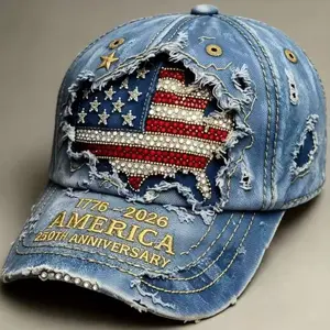 Unisex Distressed Denim Baseball Trucker Cap, American Style Letter Graphic Hat With Small Embedded Sparkling Cubic Zirconia, USA 1776-2026 Semiquincentennial 250th Anniversary Printed Hat, Casual Patriotic Tribute Gift