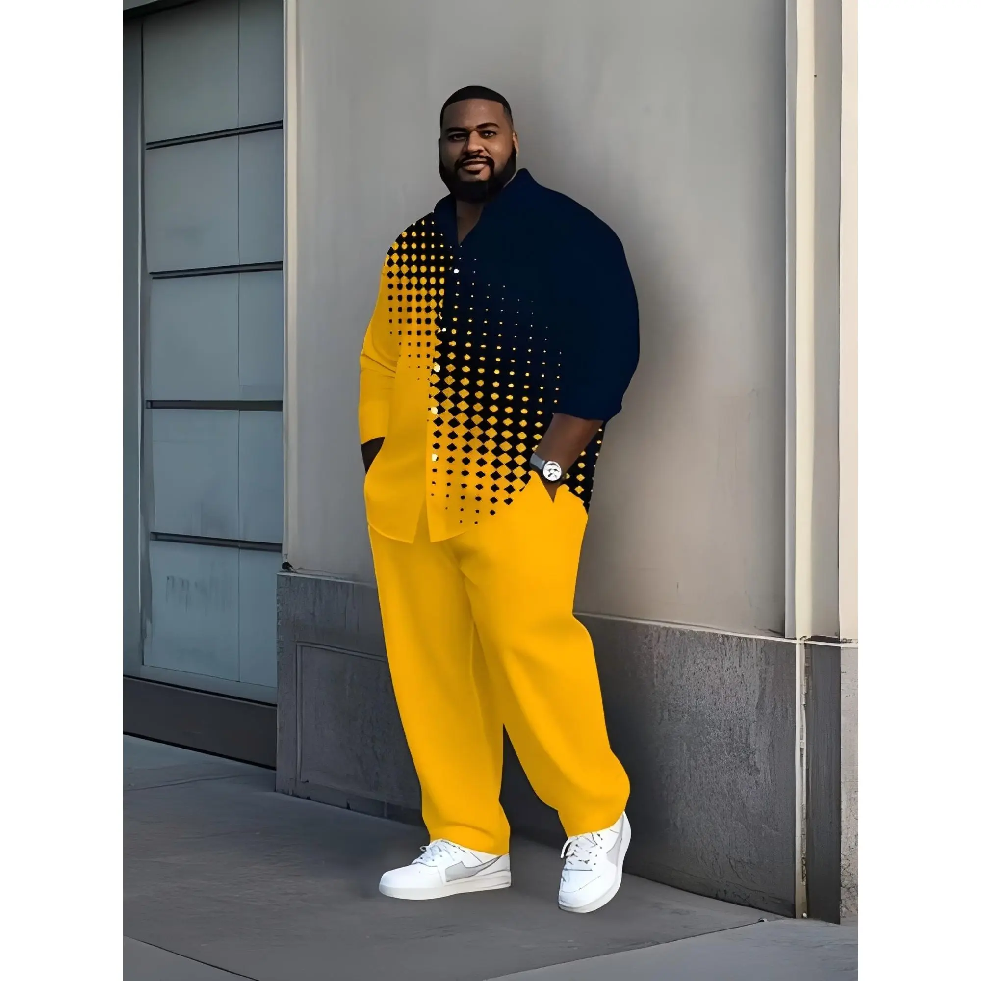 2pcs Set Plus Size Men's Long Sleeve Shirt and Trousers Yellow Black Contrast Stitching Polka Dot Print Wrinkle Resistant Polyester All Seasons Casual Party Festival Office Wear