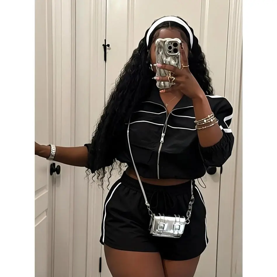Women's Longsleeves Colorblock Print Zipper Jacket & Shorts 2-Piece Set, Trendy Clothing Sets, Athleisure Look Sporty Casual Streetwear Y2K Women's Clothes