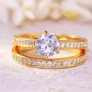 2 Piece Gold Coated Engagement Wedding Ring Set For Women Elegant Sparkling Accent Statement Bands Timeless Bridal Jewelry Gift For Valentines Day Anniversaries