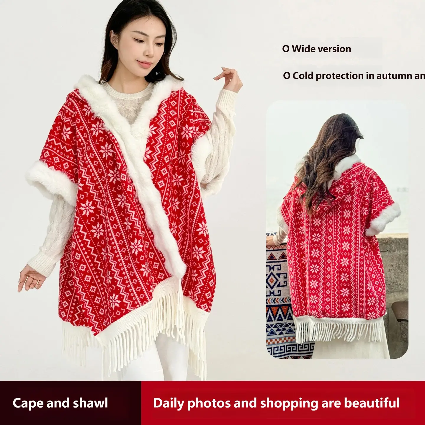Hooded Wearable Throw Blanket Christmas Snowflake Pattern, Loose Curvy Friendly Poncho Shawl with Tassels & Plush Fur Edge, Thick Warm Lined Wrap Blanket for All Body Shapes