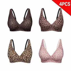 4 Pack Women’s Jelly Wireless Leopard Print Bra, Seamless No Underwire Minimizer Bra, Soft Support Full Coverage Comfort Bra