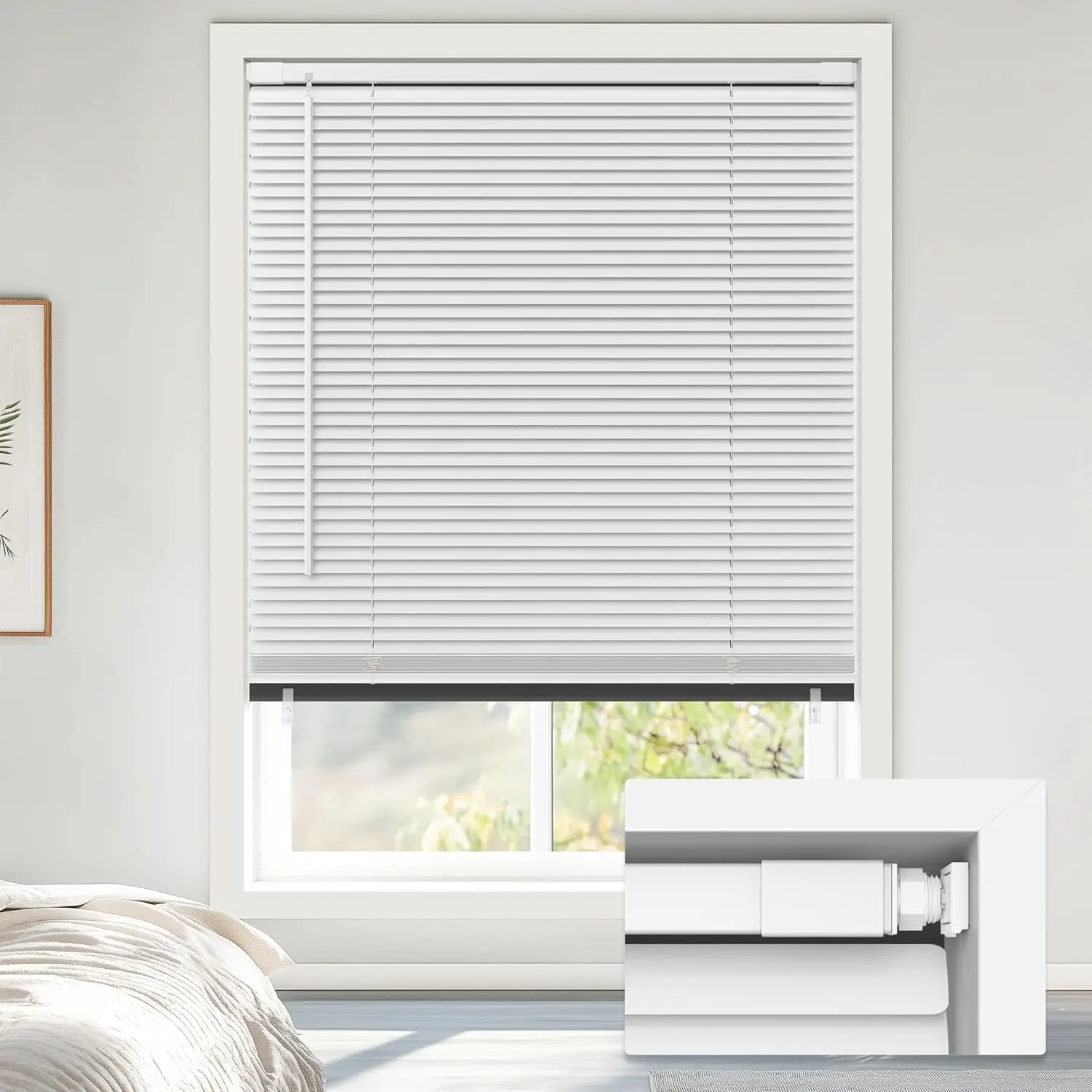 No Tools No Drill Cordless 1" Vinyl Mini Blinds, 100% Blackout Blinds for Indoor Windows, Room Darkening Privacy Window Blinds and Shades for Interior, 22" W x 64" H, White