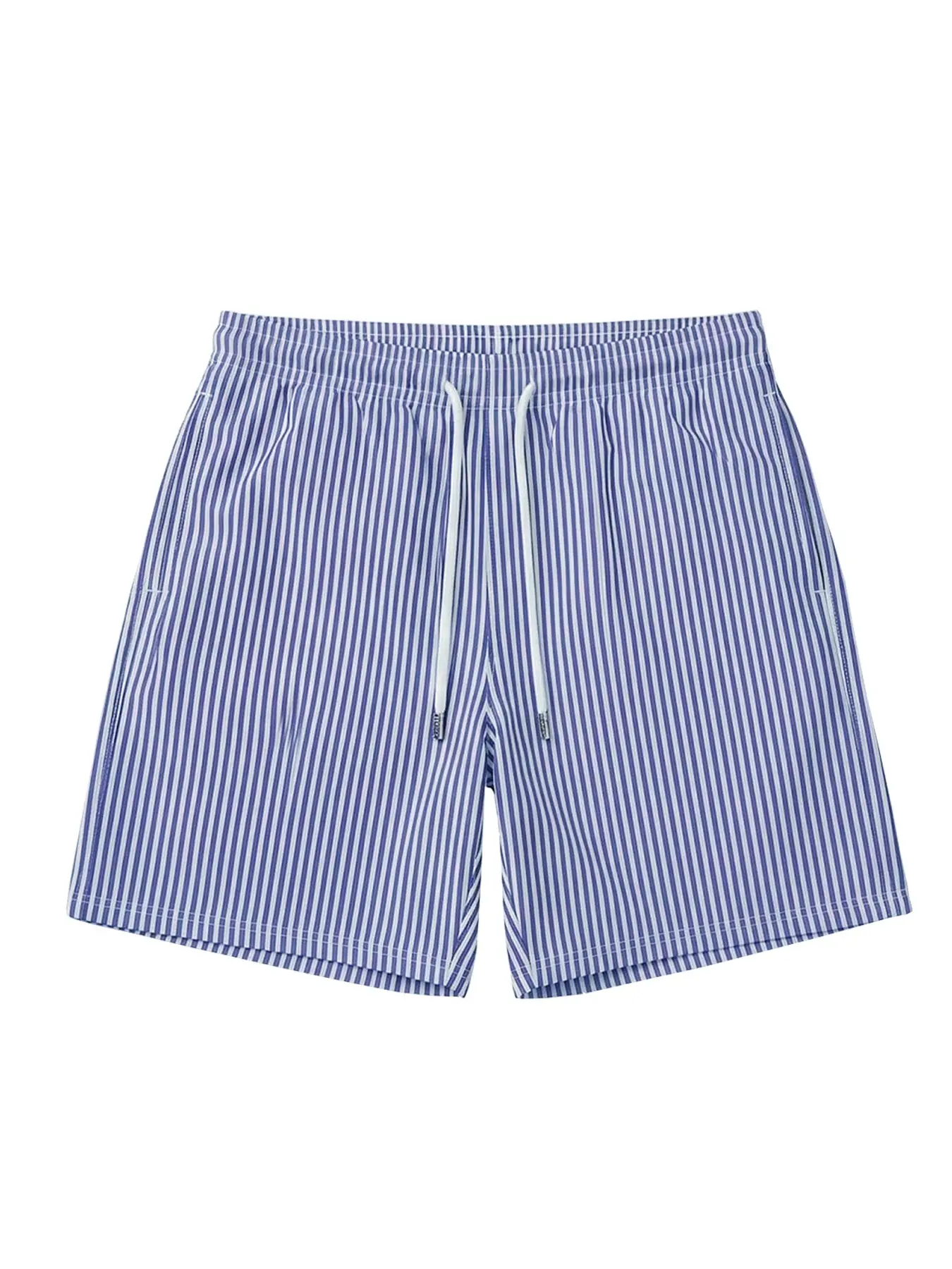 Unisex Blue Striped Beach Shorts, Side Pocket Drawstring Lightweight Short Pants, Ideal for Swimming and Casual Outing