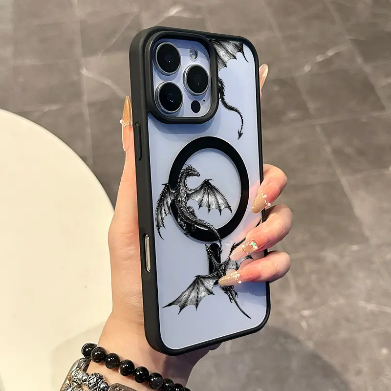 Dark Dragon Sketch Magnetic Compatible Smartphone Case for iPhone 17,16 E Pro Max,15 Plus,14,13,12,11,XS,XR - Coquette Style, Silicone, Lightweight, Shockproof, Handheld Cellphone Devices Protection with Resistance, Casing