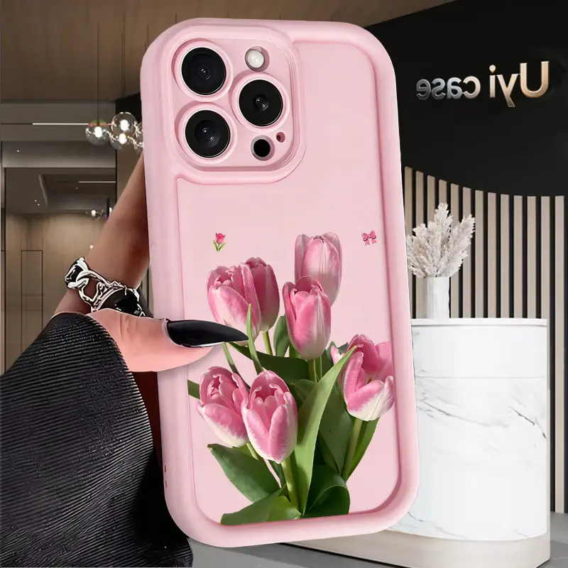 Blush Pink Tulip Bouquet Watercolor Print Silicone Casing for iPhone 12-17, 11, X, XS (Pro, Max, Plus, 16e, Air) - Shockproof, Drop-Protection, Rugged, Durable Soft Cover for Smartphone, Handheld, Cellphone Devices