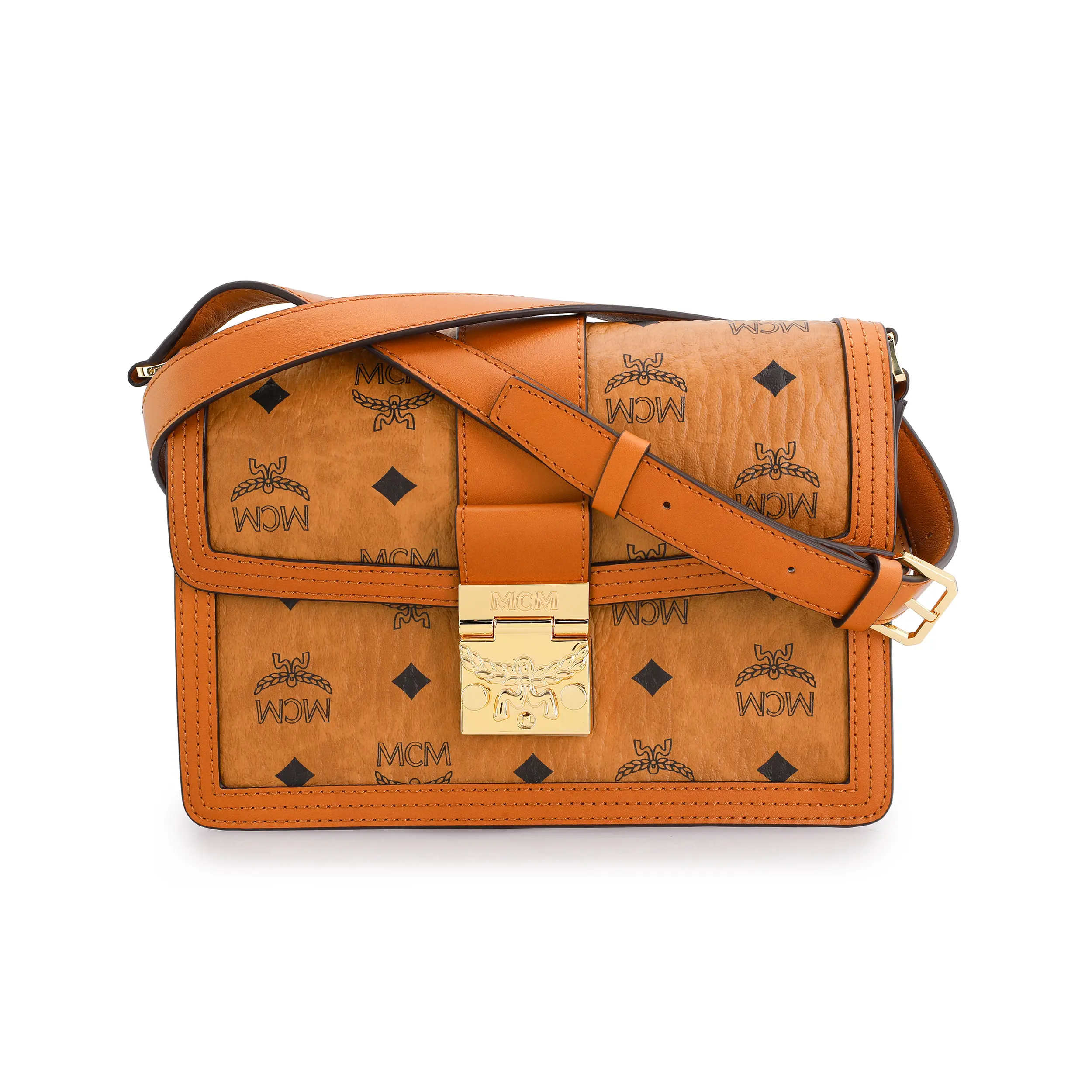 MCM Tracy Classic Laurel-Embossed Monogram Coated Canvas Crossbody Bag for Women, Small Size, Cognac