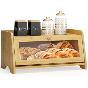 Box for Kitchen Countertop, Large Bread Container Storage, Bread Box with Window Bread Holder (Natural Bamboo)