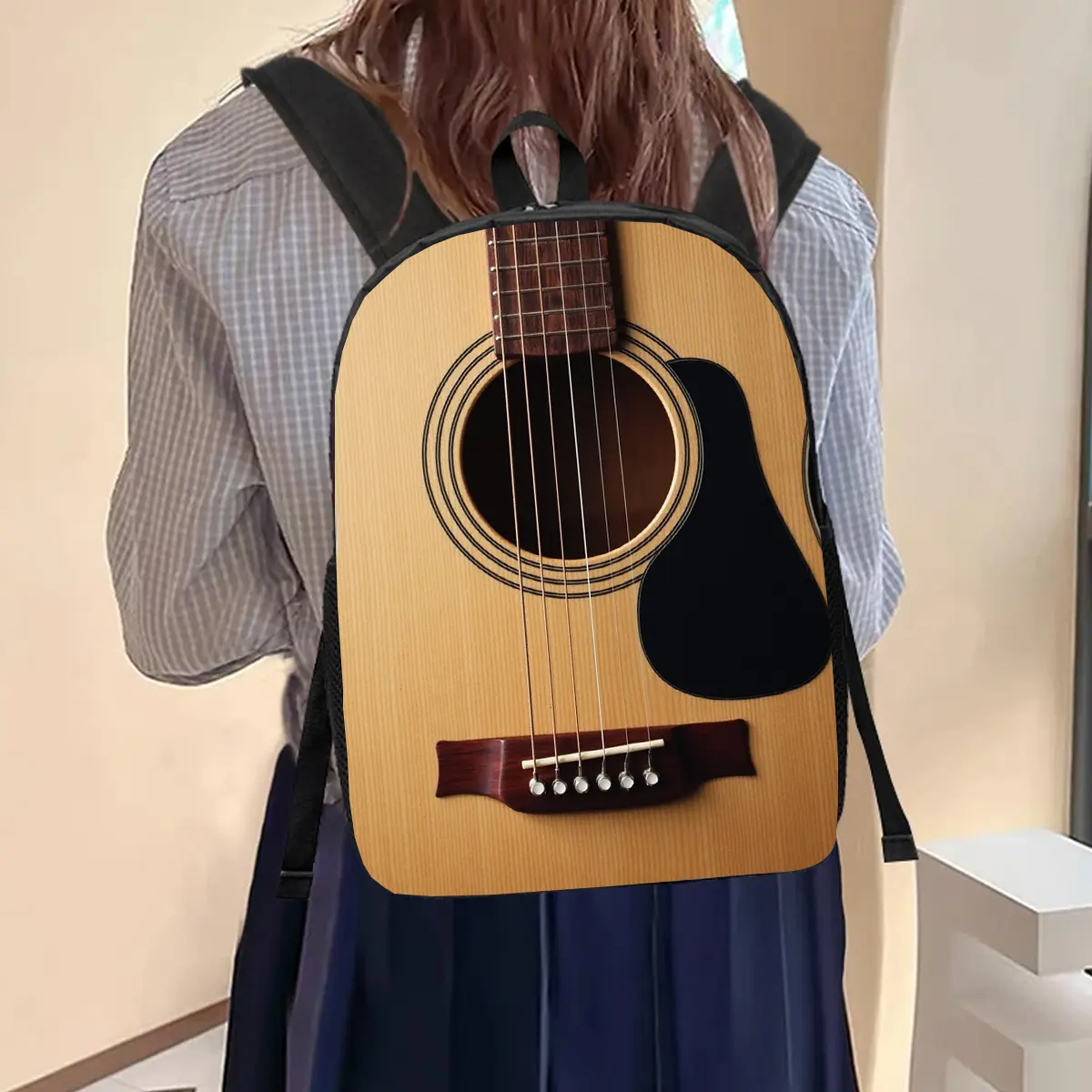 Unisex Acoustic Guitar Wood Texture Print Backpack - Waterproof Fabric, Lightweight Daily Use Adult Backpack, Breathable Padded Straps, 15-in Laptop Large Capacity, Black Pickguard, Ideal for Music Lovers (Note: Avoid Bleach)