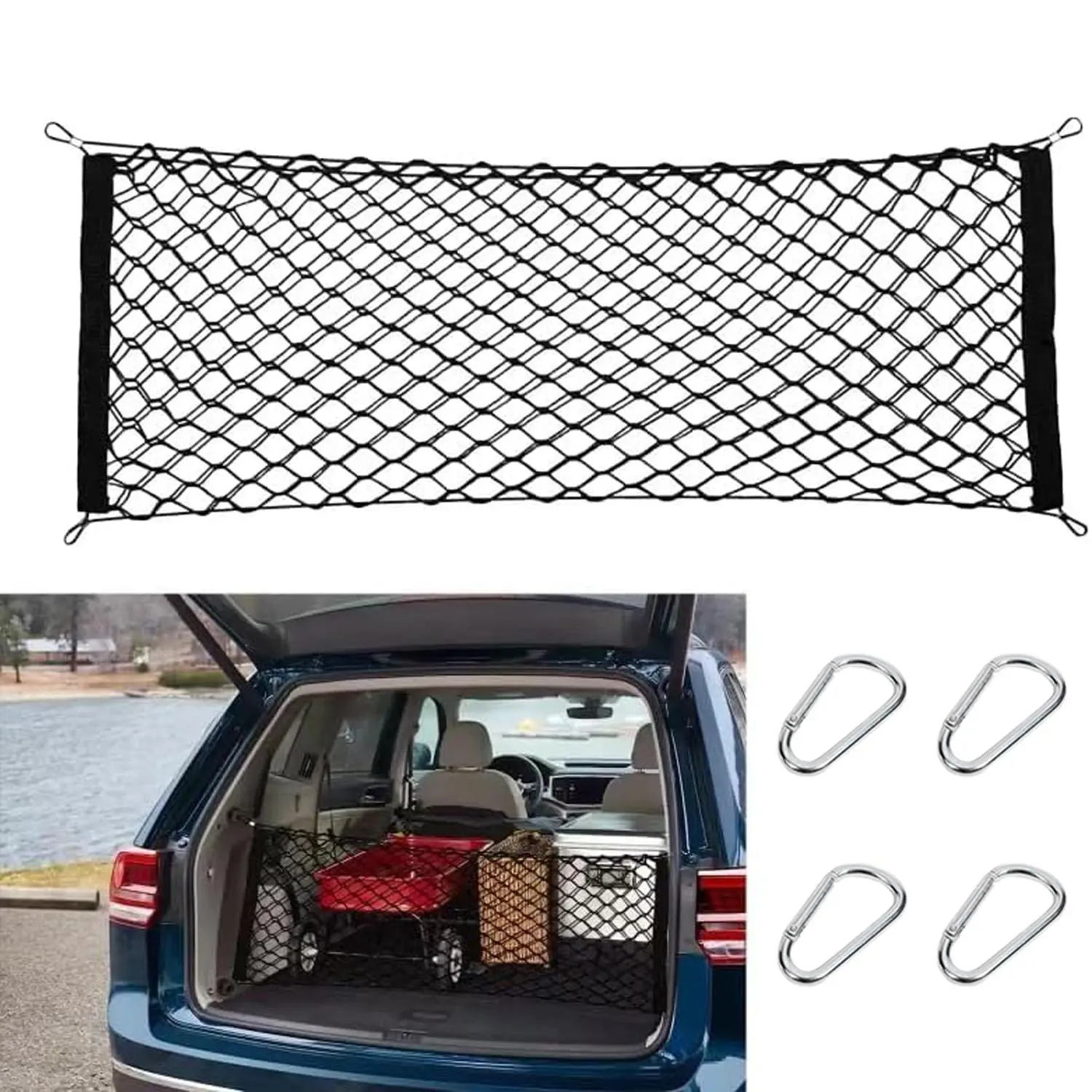 55“*16” Double-Deck Cargo Net for Pickup Truck Bec - Truck Bed Net for Trunk Organizers and Storage Additional with 4 Metal Carabiner Buckles